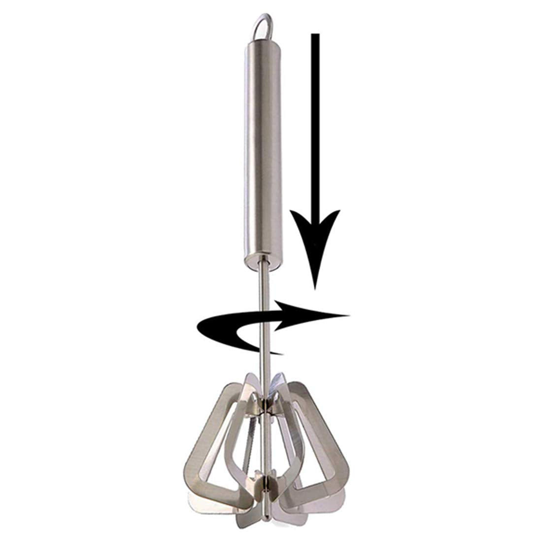 A manual hand blender featuring a sturdy stainless steel body.