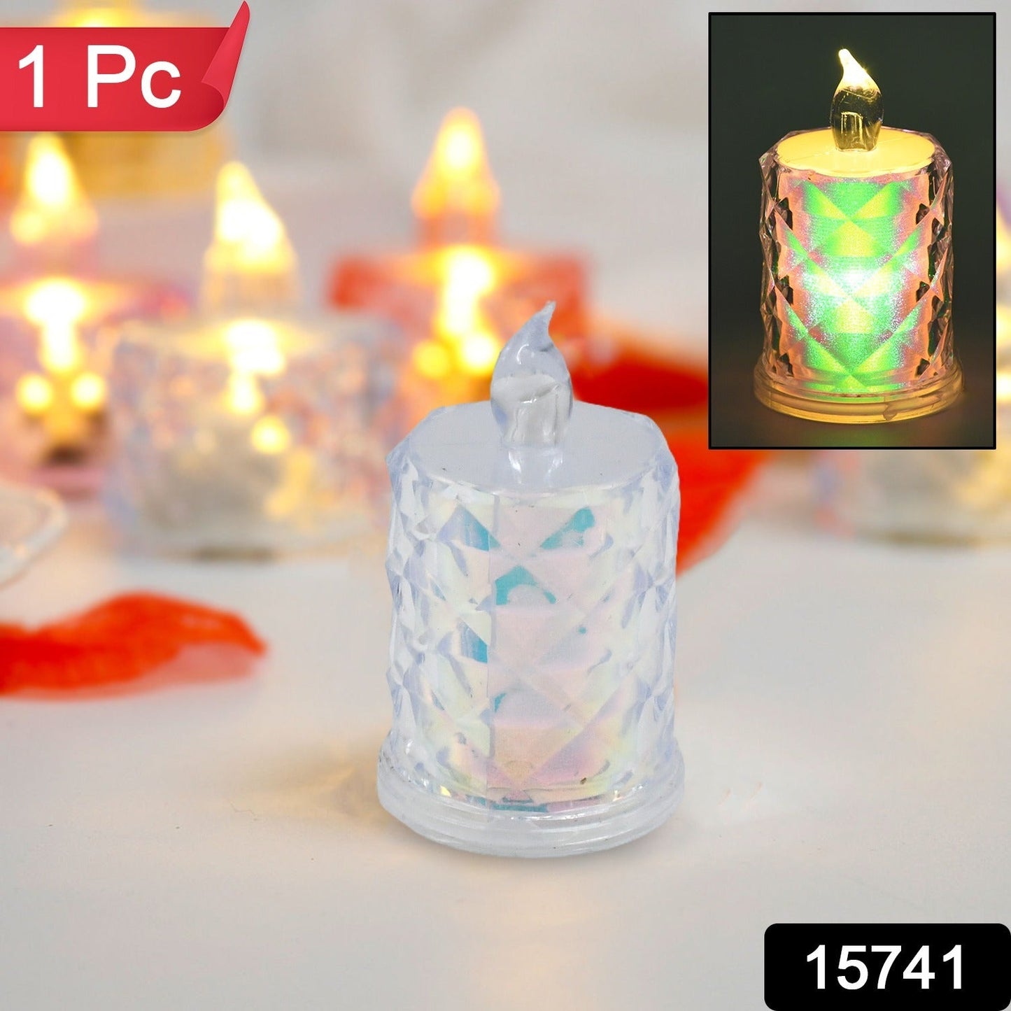 Close-up of a flameless LED tealight candle, ideal for Diwali decorations and safe use.