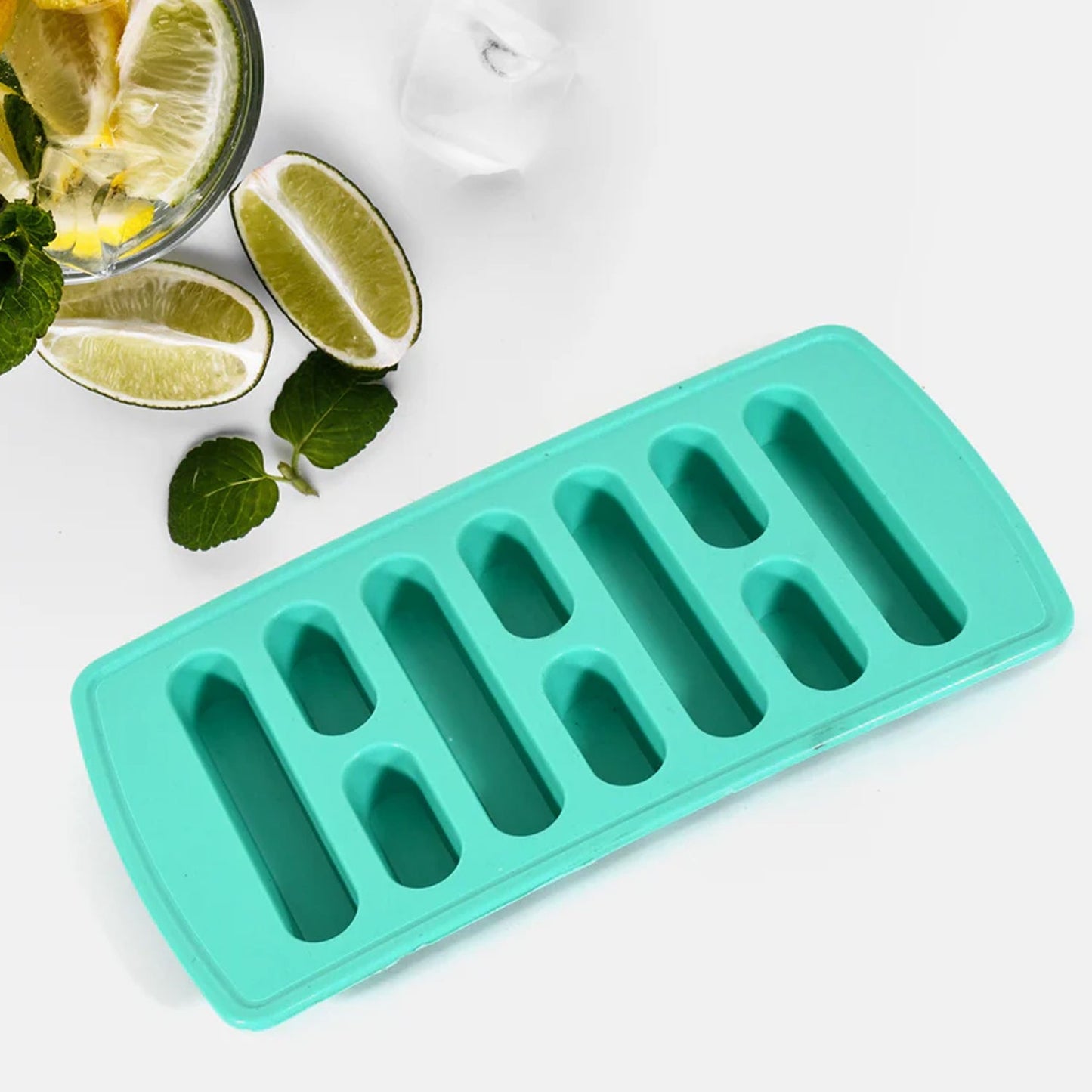 Durable plastic ice tray with multiple compartments for easy ice cube making.