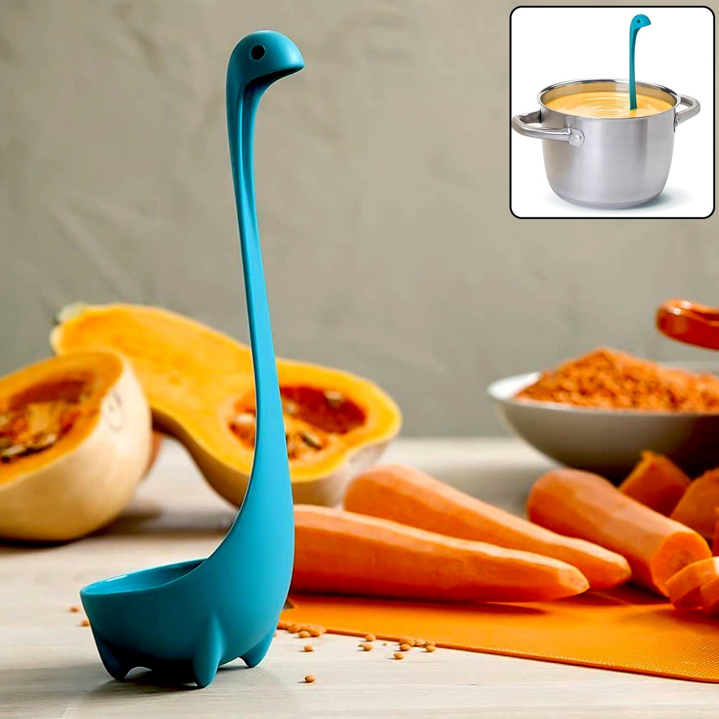 Silicone soup spoon with long handle, ideal for stirring and serving hot dishes.