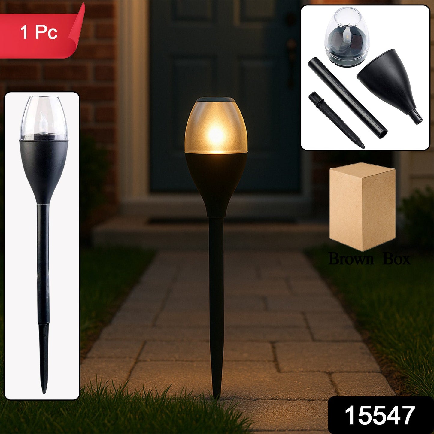 Solar garden light glowing warmly outdoors at night