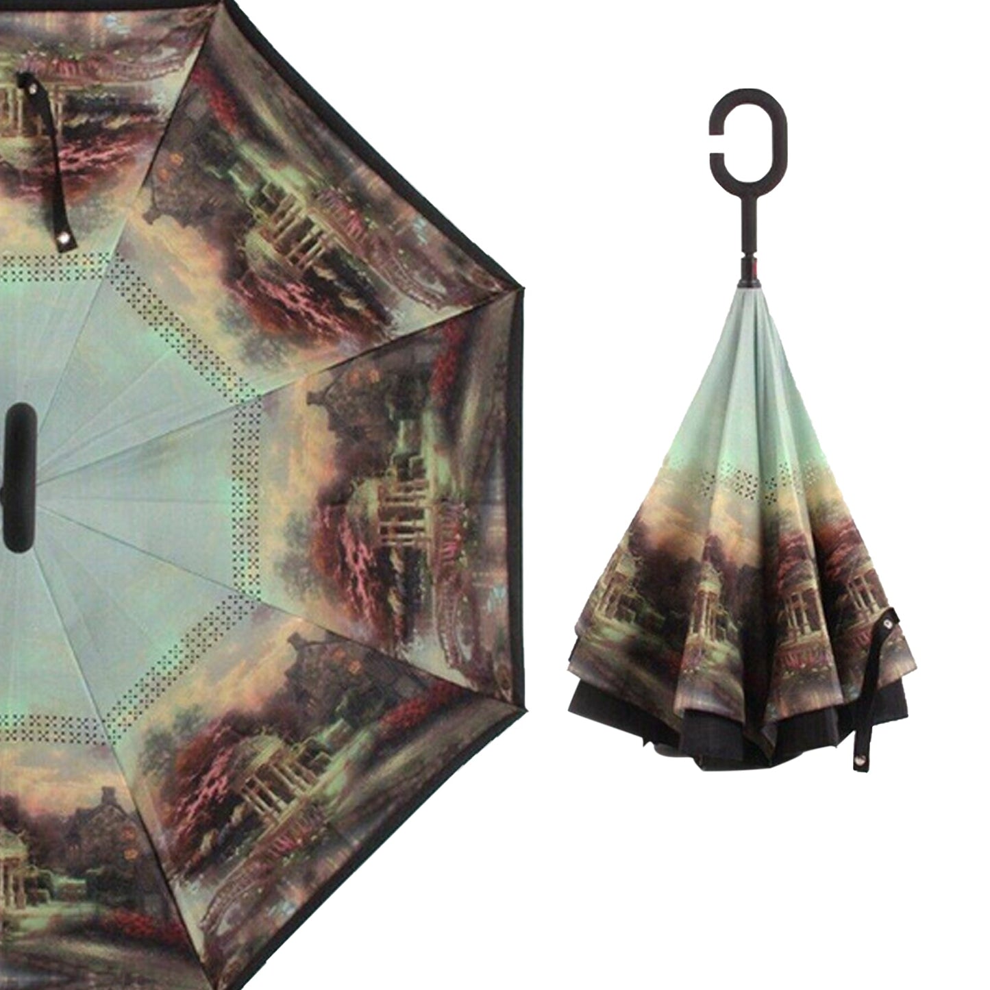 A reverse umbrella with a dark landscape painting on its inner surface, shown both partially open and closed.