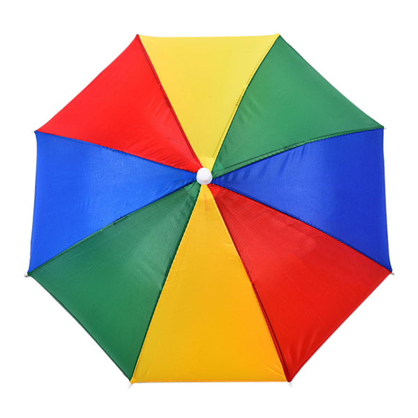 A fully open, colorful red, yellow, green, and blue umbrella hat is shown from above, with a white cap at its center.
