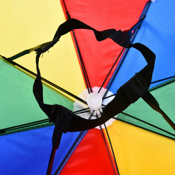 The underside of a colorful red, yellow, green, and blue umbrella hat shows black elastic straps and white plastic spokes.