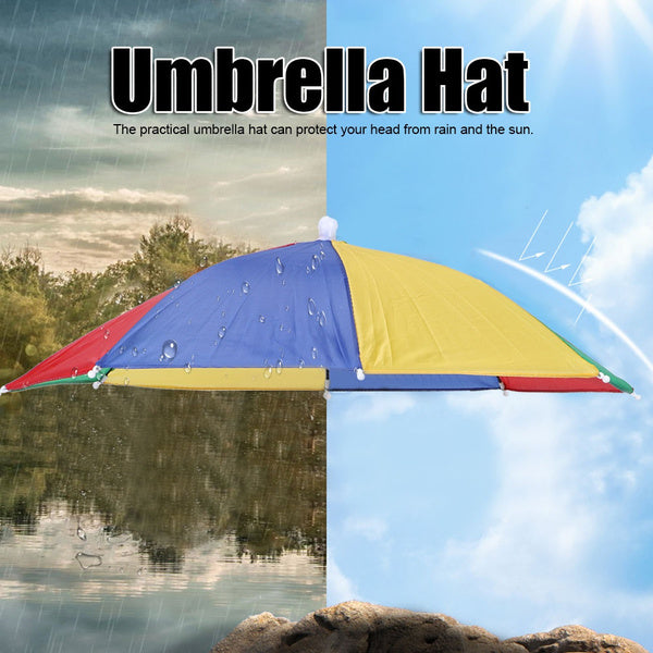 A split image shows a colorful umbrella hat over a rainy lake scene on the left and a sunny sky on the right, highlighting