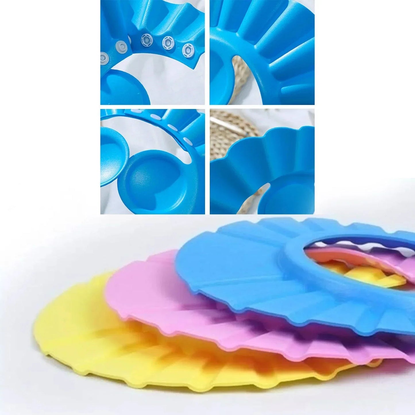 Soft protective bath cap for children, effectively shielding eyes and ears from water.