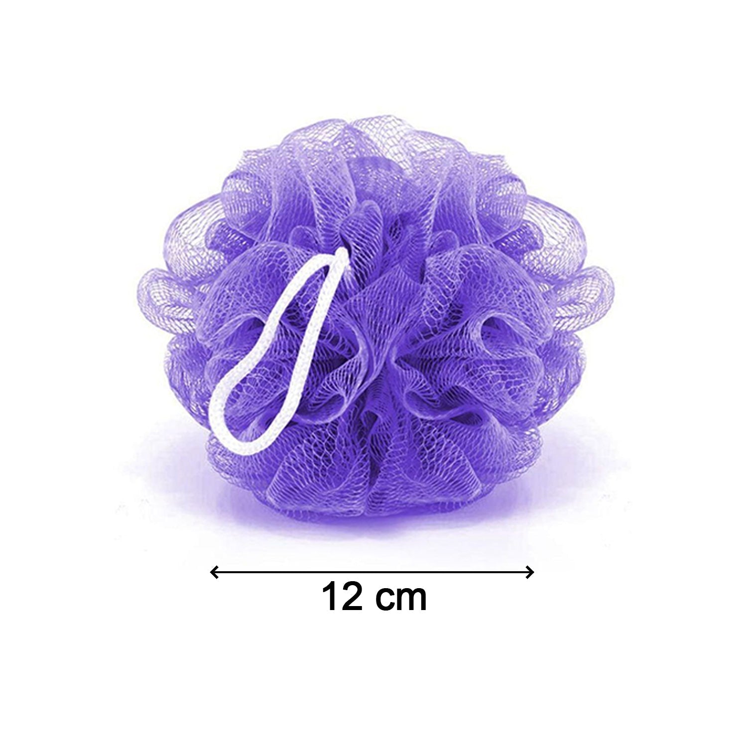 Six vibrant bath loofah poufs displayed together.