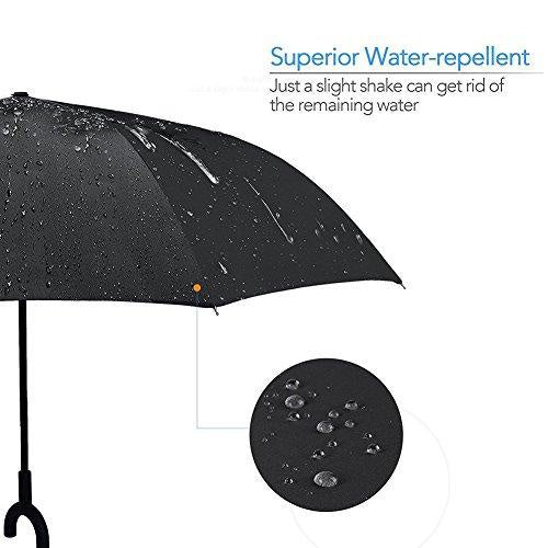 A close-up of a black umbrella canopy covered in water droplets, highlighting its water-repellent surface.