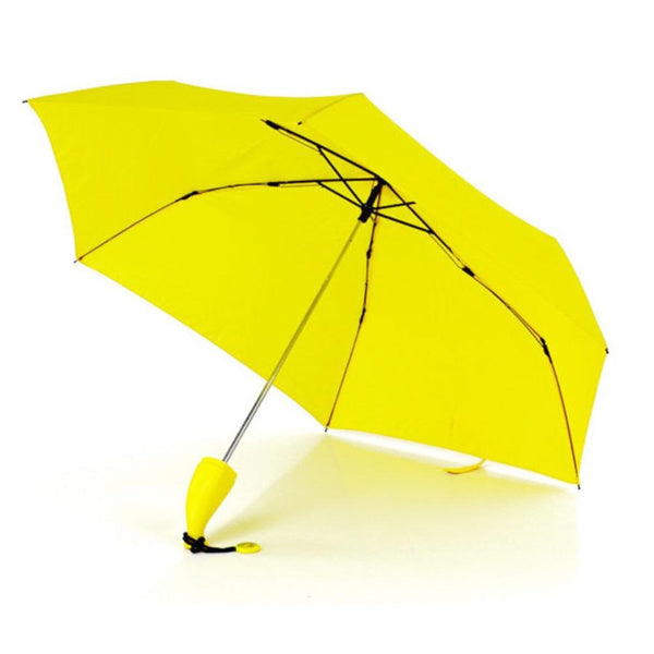 An open yellow umbrella with a banana-shaped handle and black strap casts a shadow on a white background.