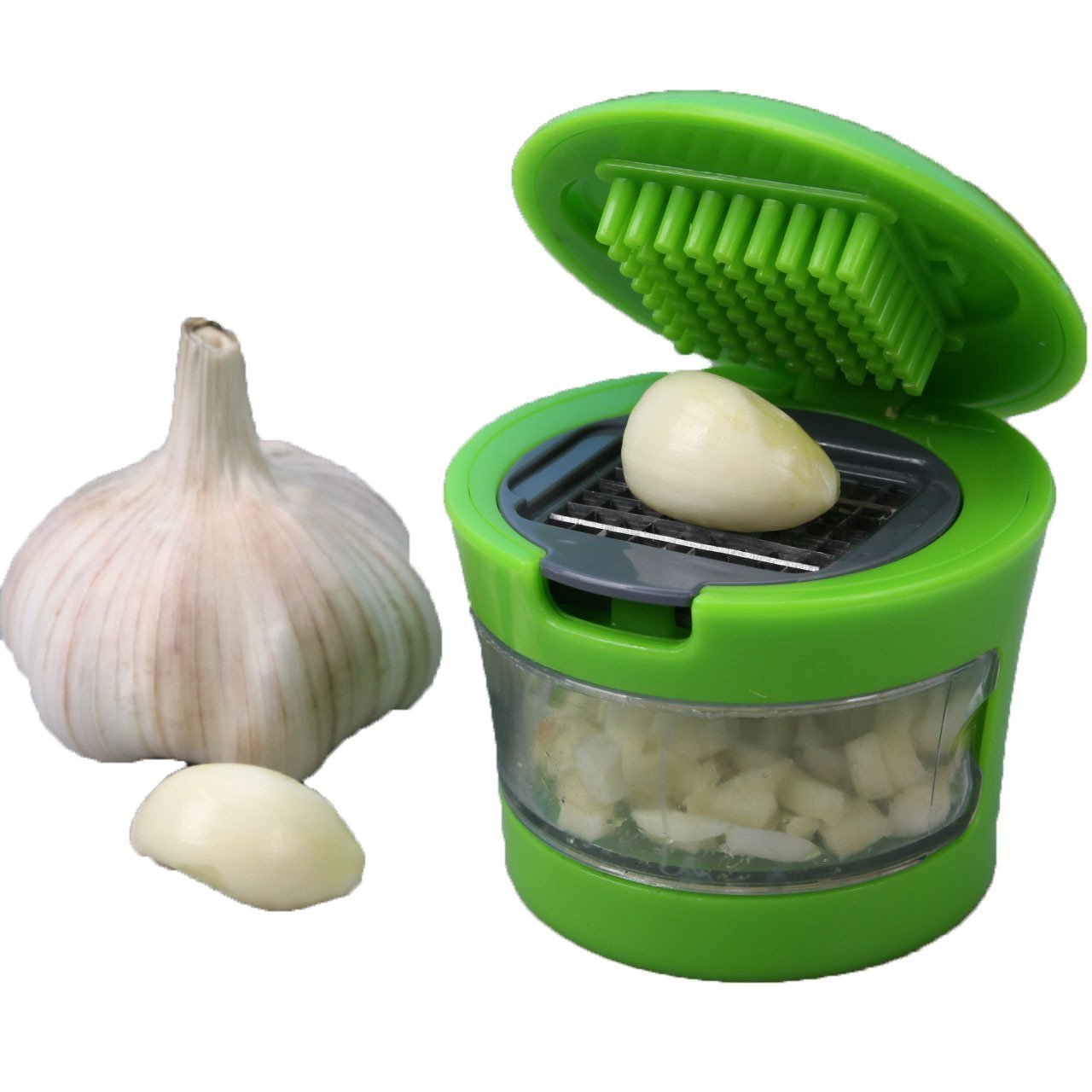 Close-up of the Quickslice manual garlic mincer, showing its compact design.