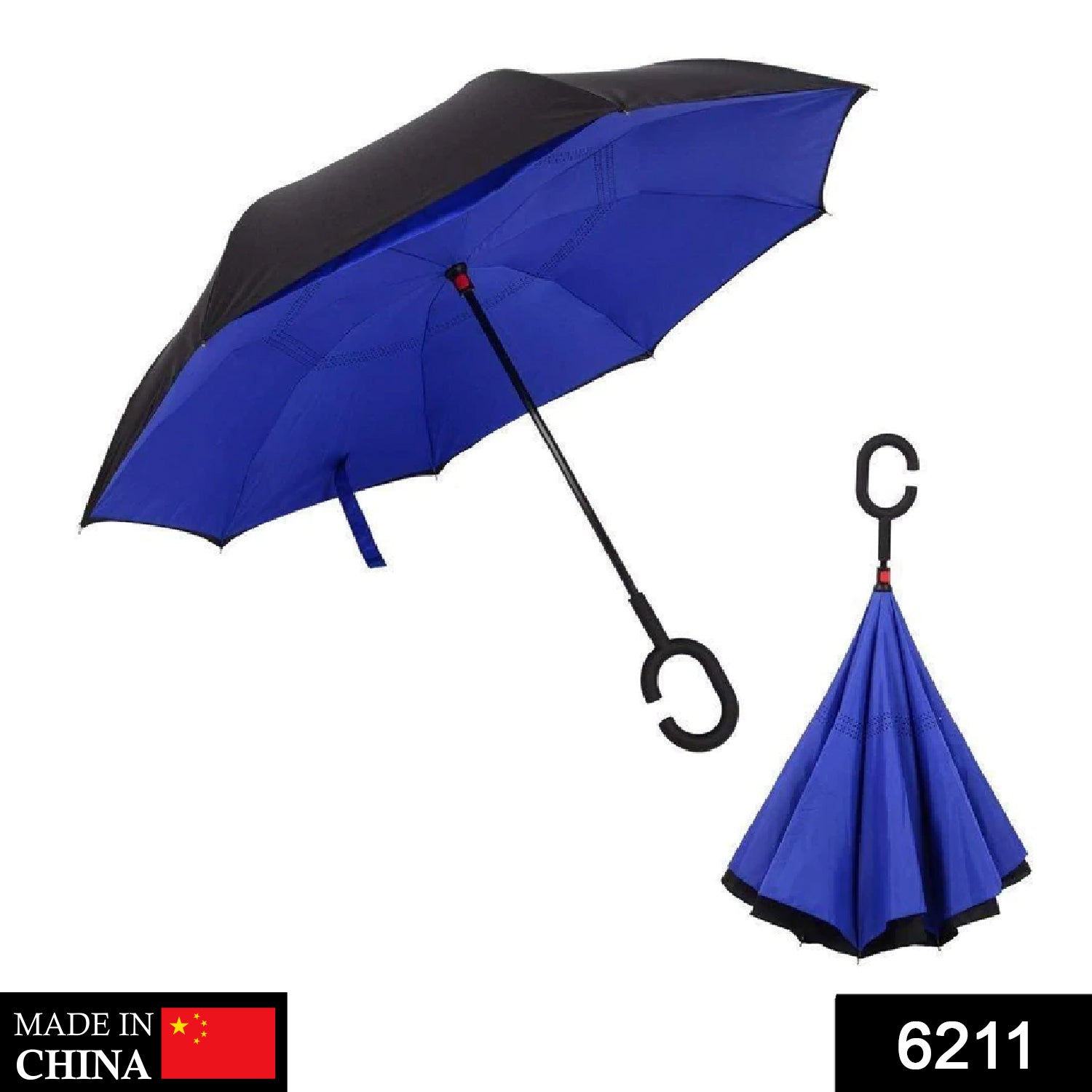 An open black and blue umbrella with a C-shaped handle, and a closed matching umbrella, with text overlays.