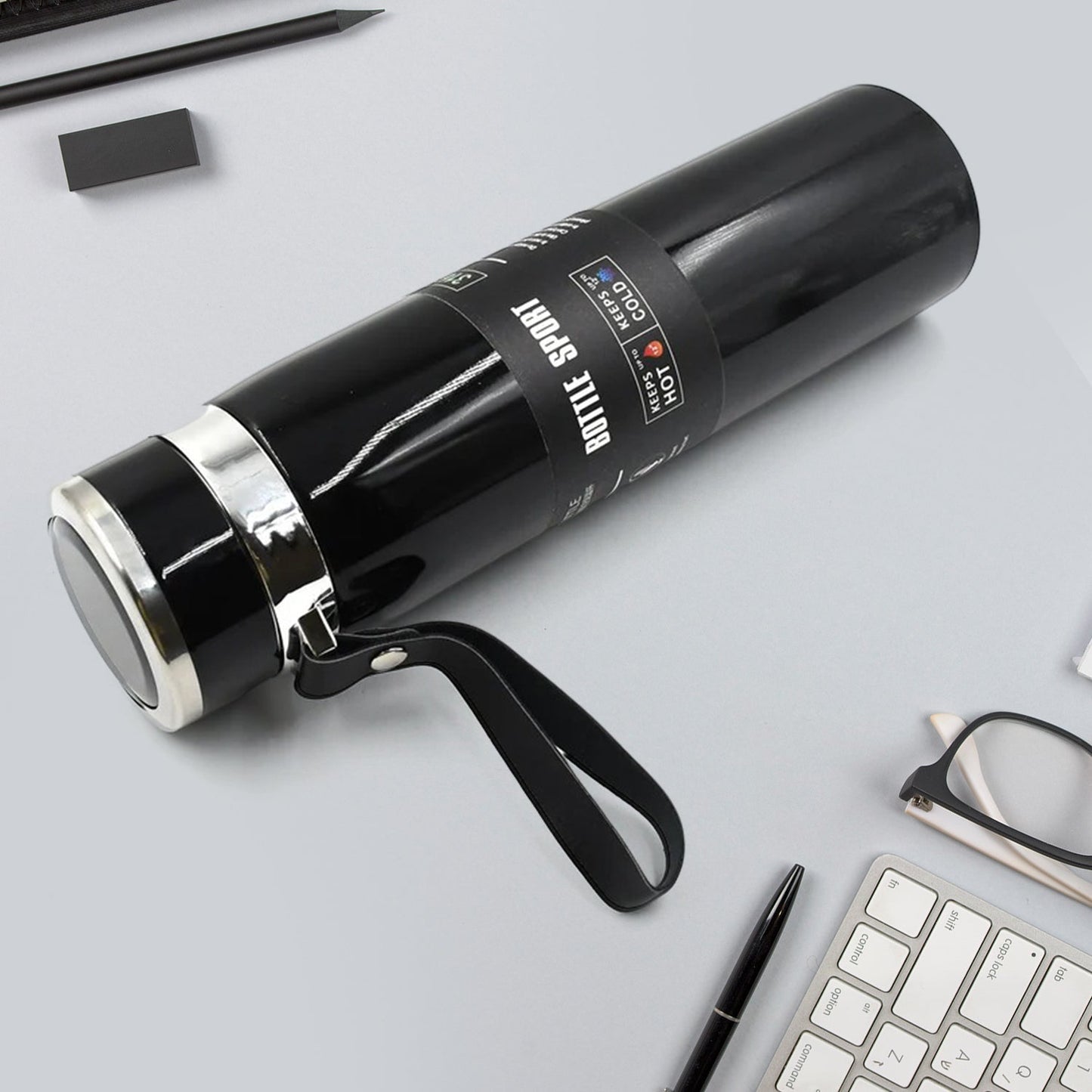 Sleek silver vacuum insulated water bottle, 1000ml, ideal for daily hydration.