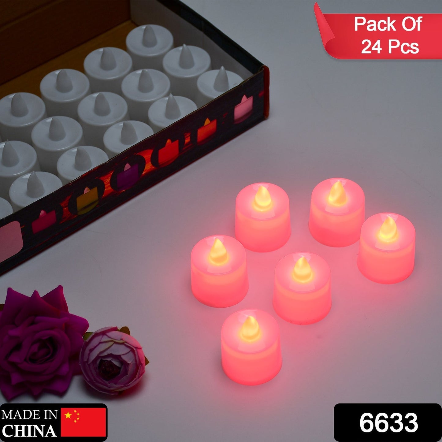 Decorative red flameless LED tealight candles illuminating a space.
