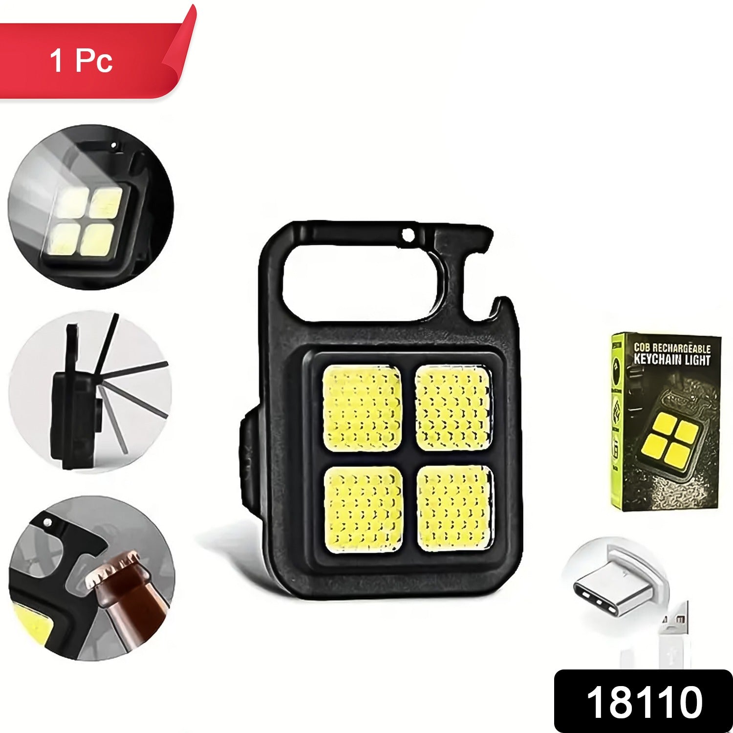 The black LED keychain light with four bright yellow squares, shown with feature insets, a product box, and a red banner