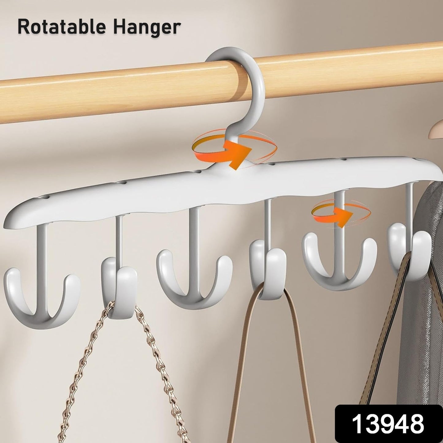 Close-up view of the sturdy hooks on the rotating tank top hanger.