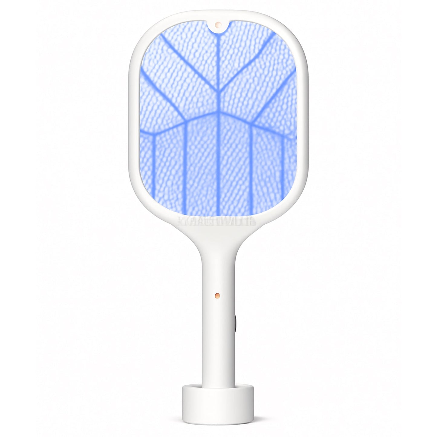 A white mosquito killer racket with a blue UV light and a red indicator light stands upright on a white background.
