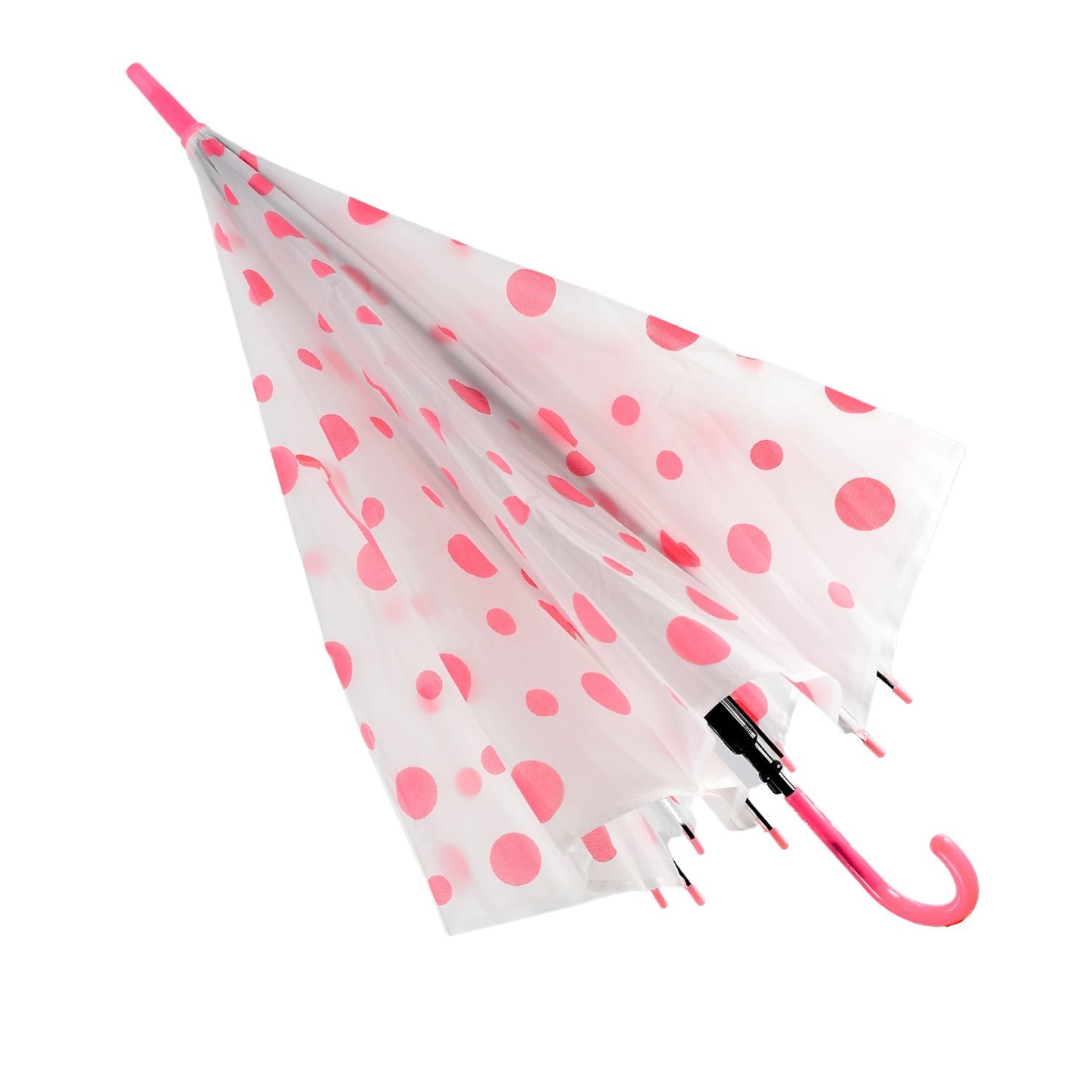 A partially closed white umbrella with pink polka dots and a pink curved handle is shown against a white background.