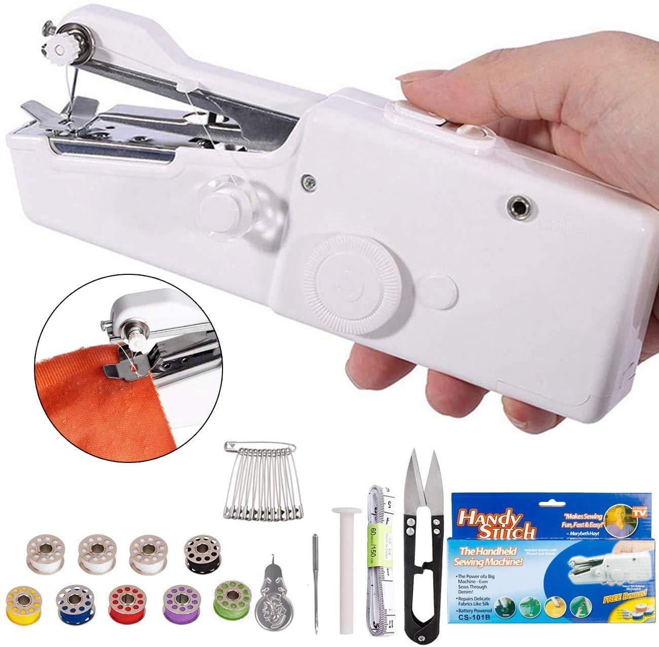 Angled view of the cordless handheld sewing machine, showcasing its compact size.