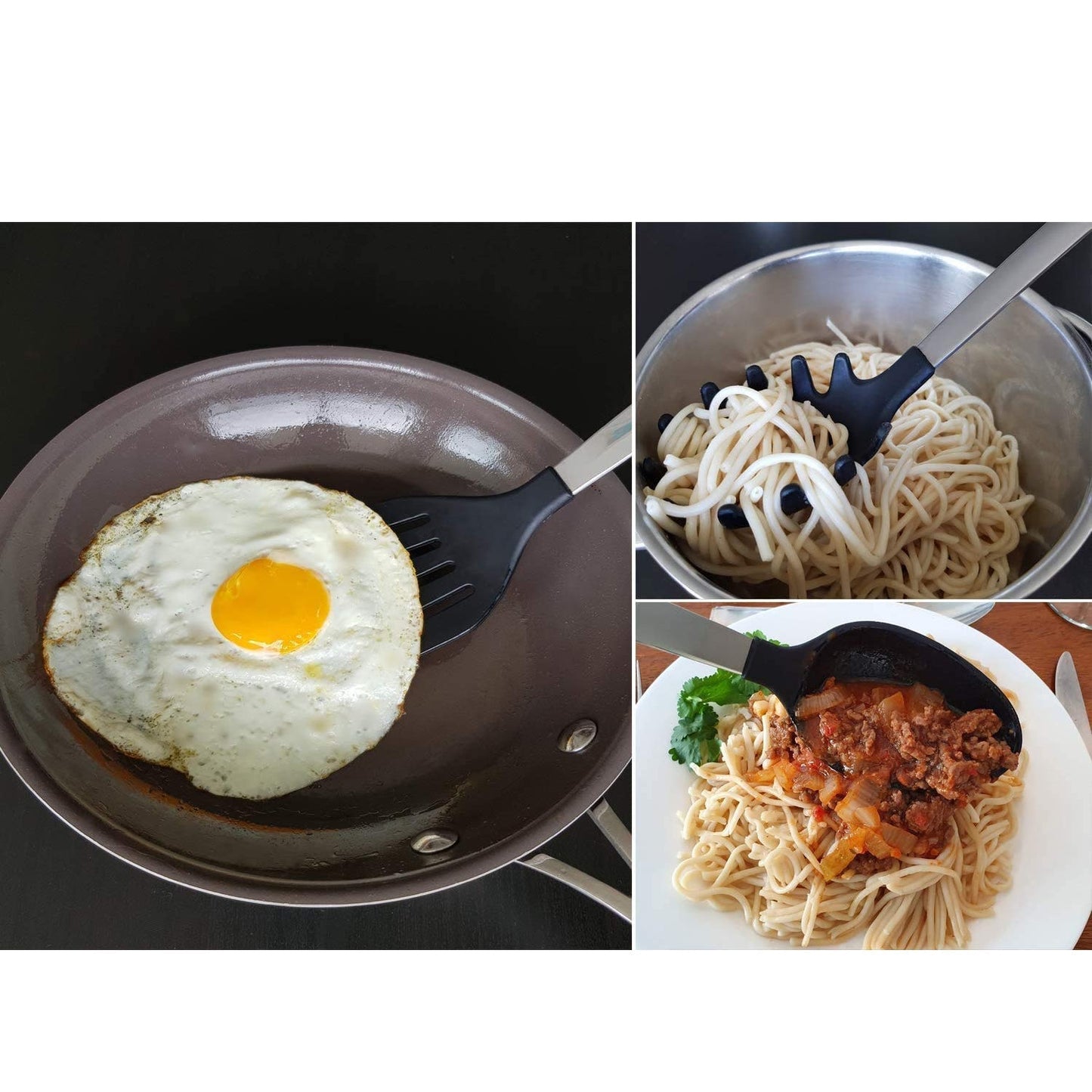 Heat-resistant non-stick turner with a comfortable, ergonomic grip.