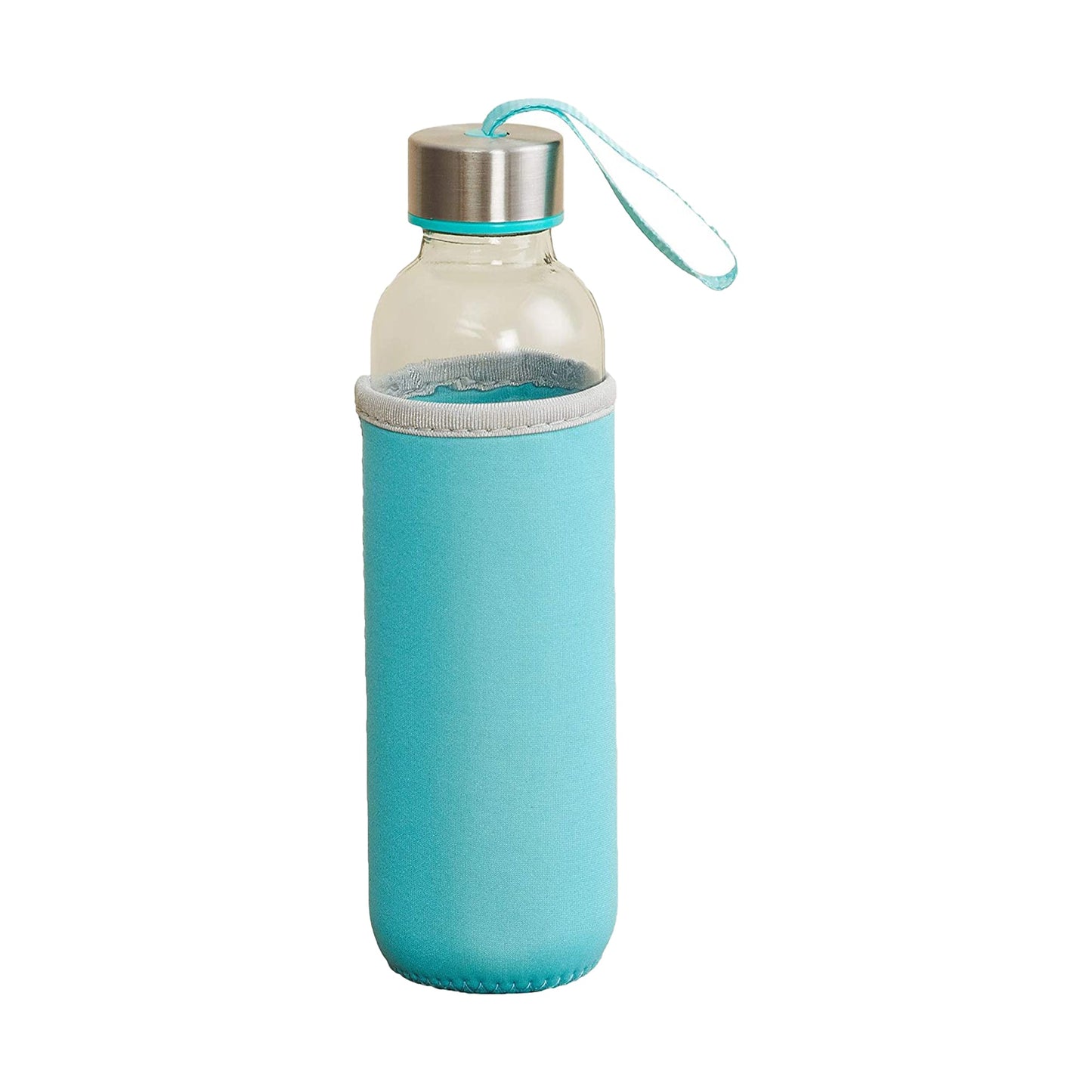 Portable glass water bottle, 500ml, held for on-the-go hydration.