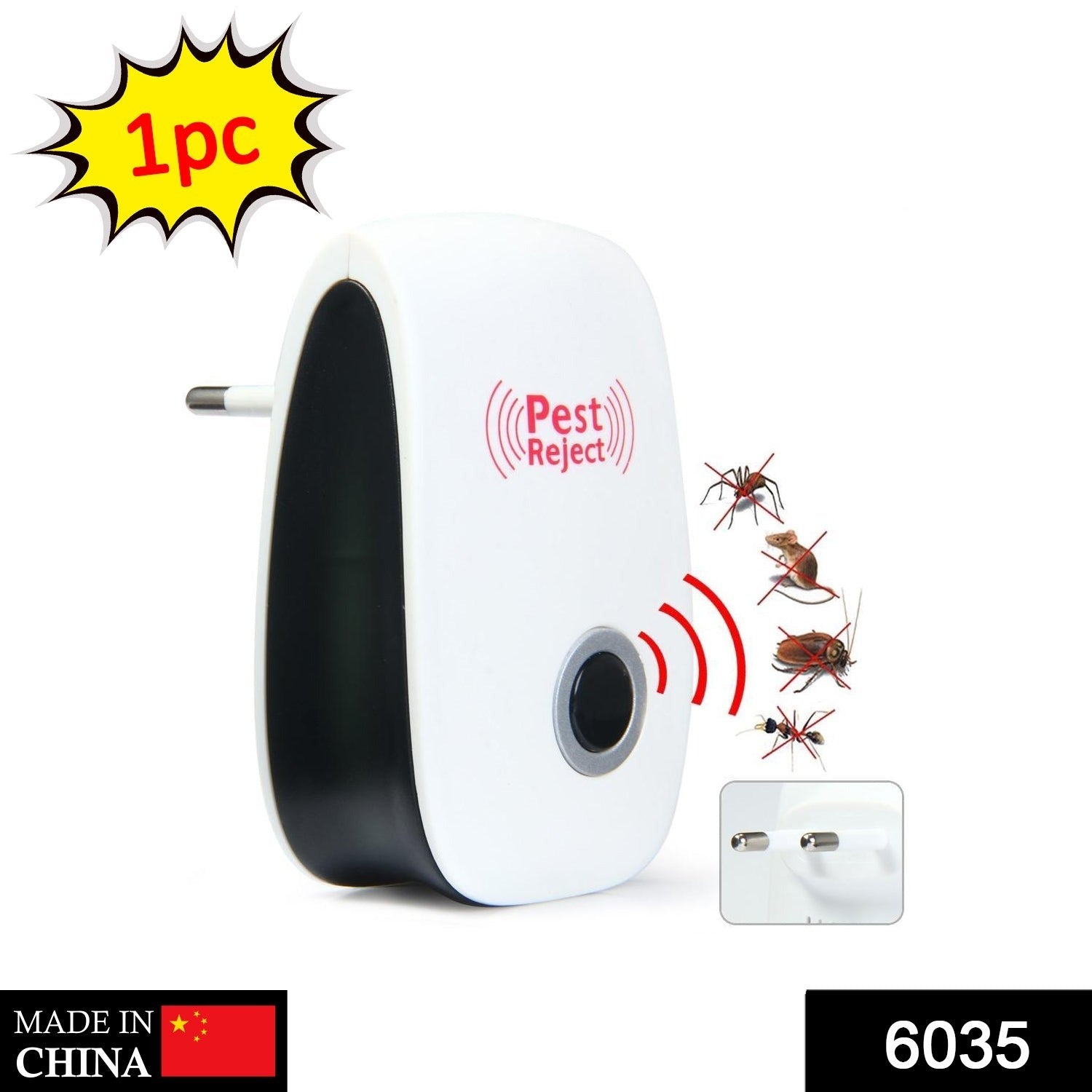 A white and black pest repeller with a two-prong plug is shown with illustrations of various insects and a spider.