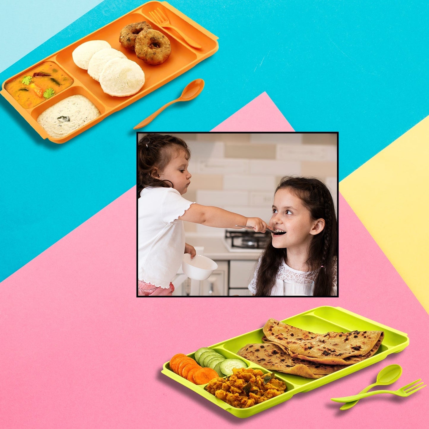 4-Compartment Plate set with spoon and fork for organized meals.