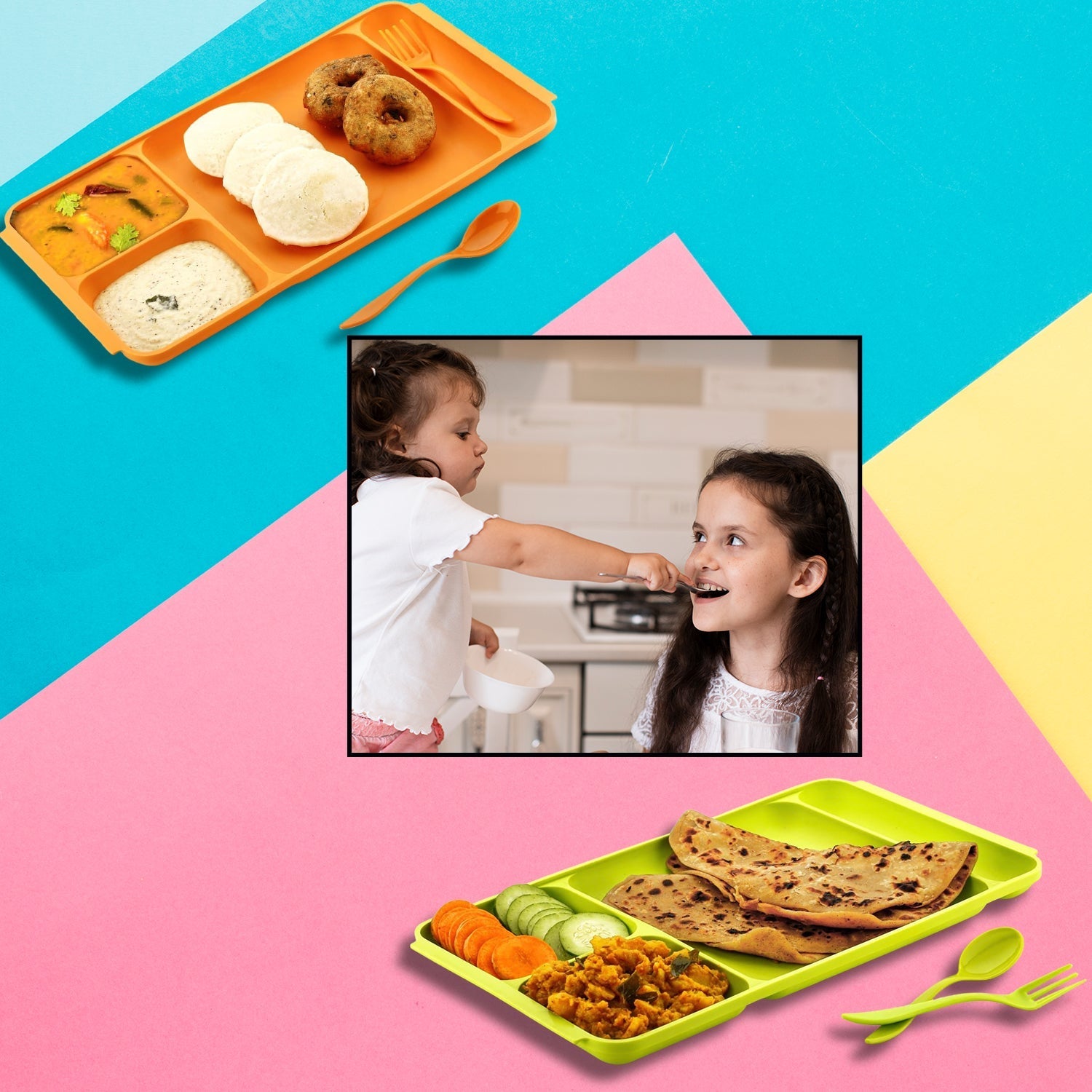 4-Compartment Plate set with spoon and fork for organized meals.