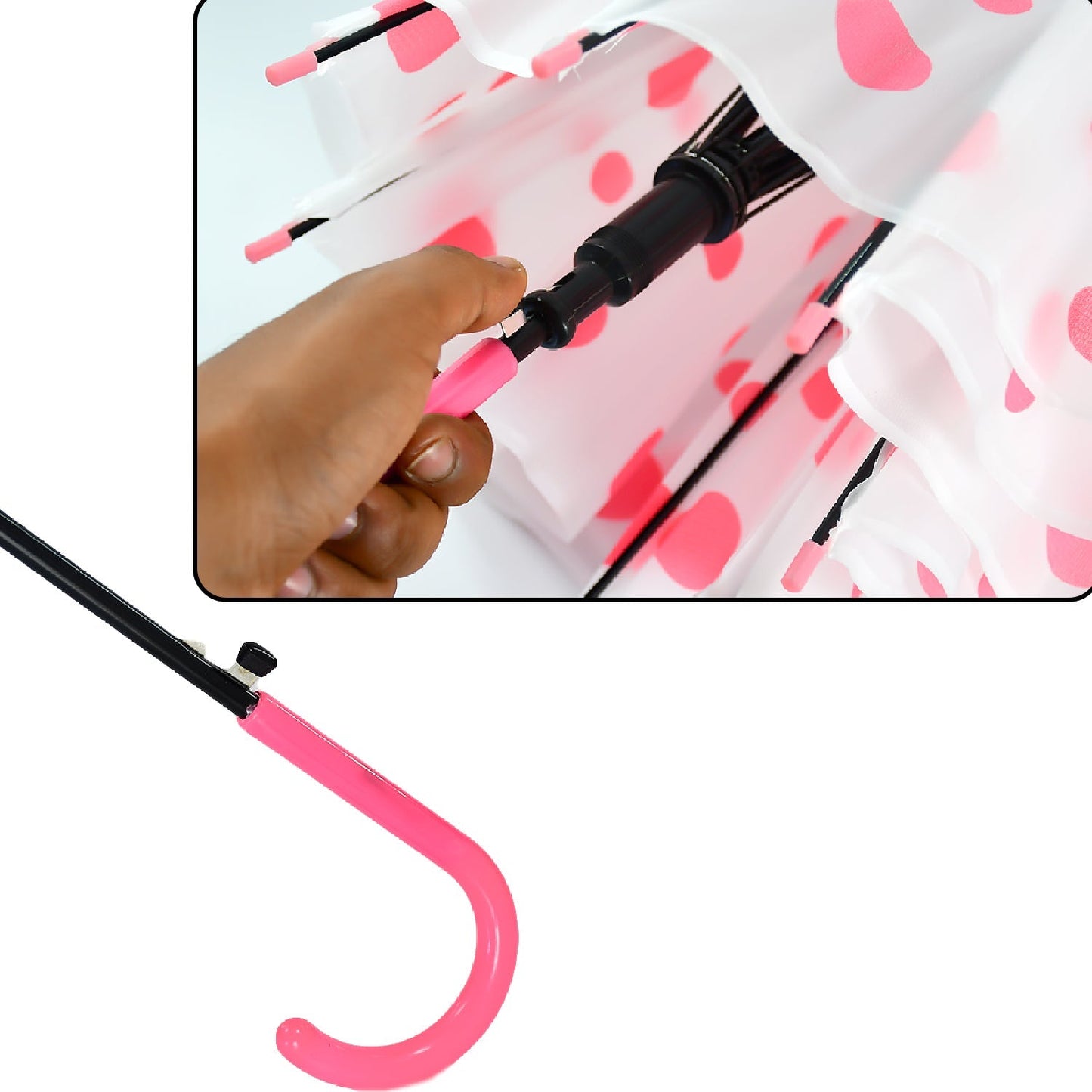 A close-up shows a hand operating the pink auto-open button on the handle of a pink polka dot umbrella.