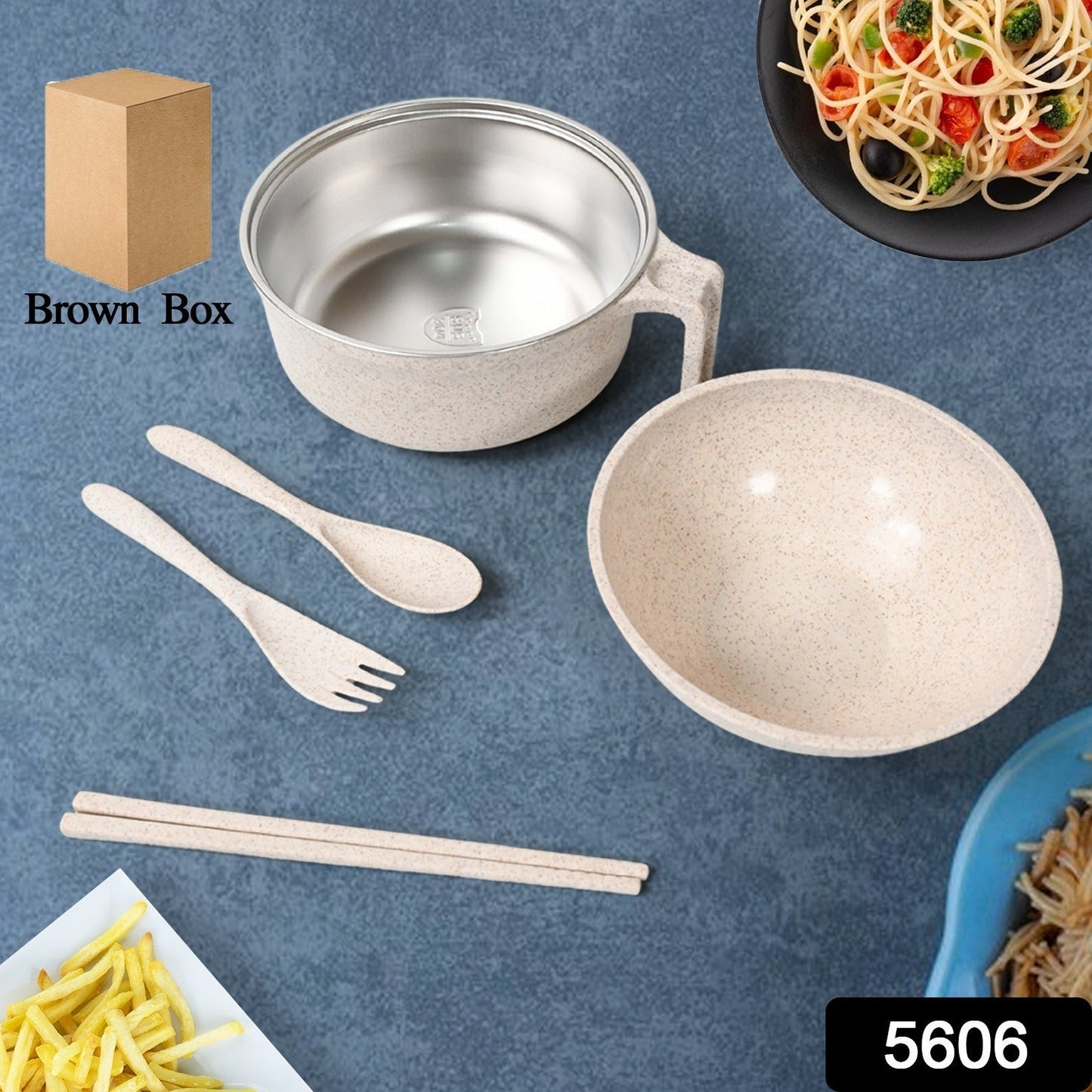 Wheat Straw Noodle Bowl with its matching fork, spoon, and chopsticks neatly arranged.