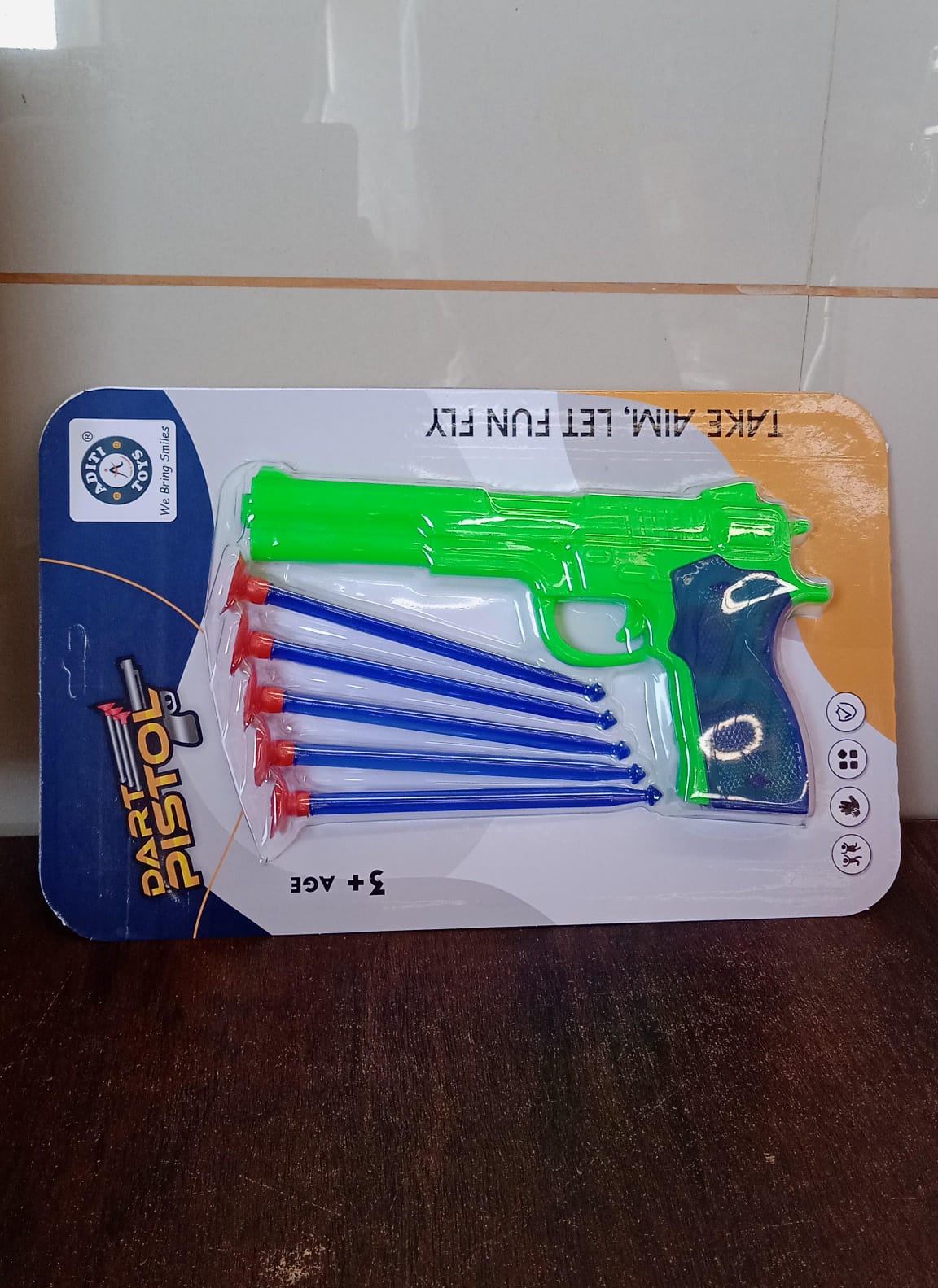 Complete set of the Aditi kids toy gun and five soft suction dart bullets.