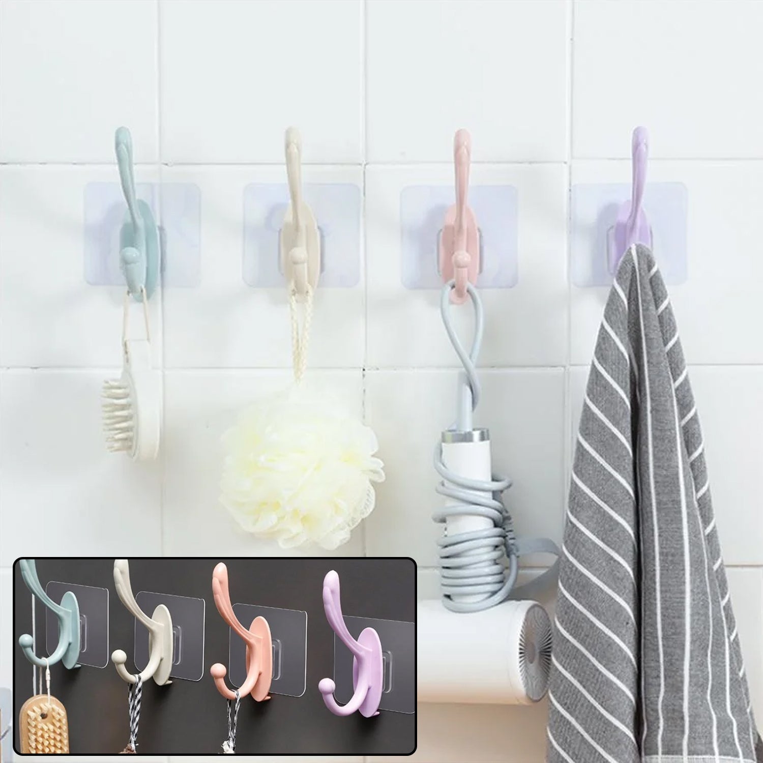A versatile self adhesive wall hook installed on a kitchen tile, holding a towel.