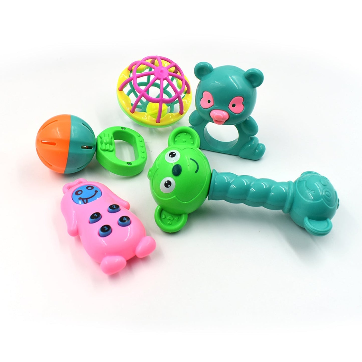 Various shapes and colors in the Aditi rattles toy set.