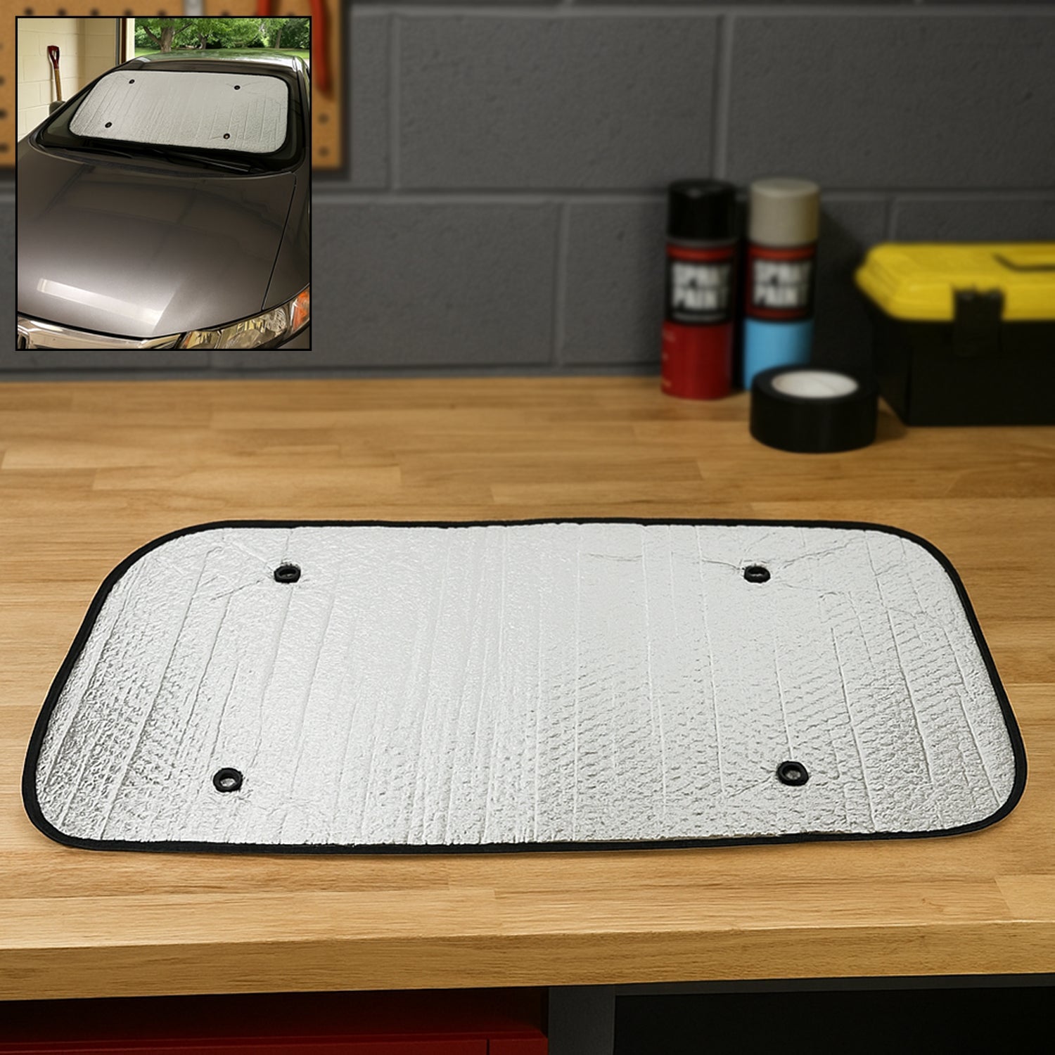 Car Windshield Sun Shade (80x35 cm) displayed on a car windshield.