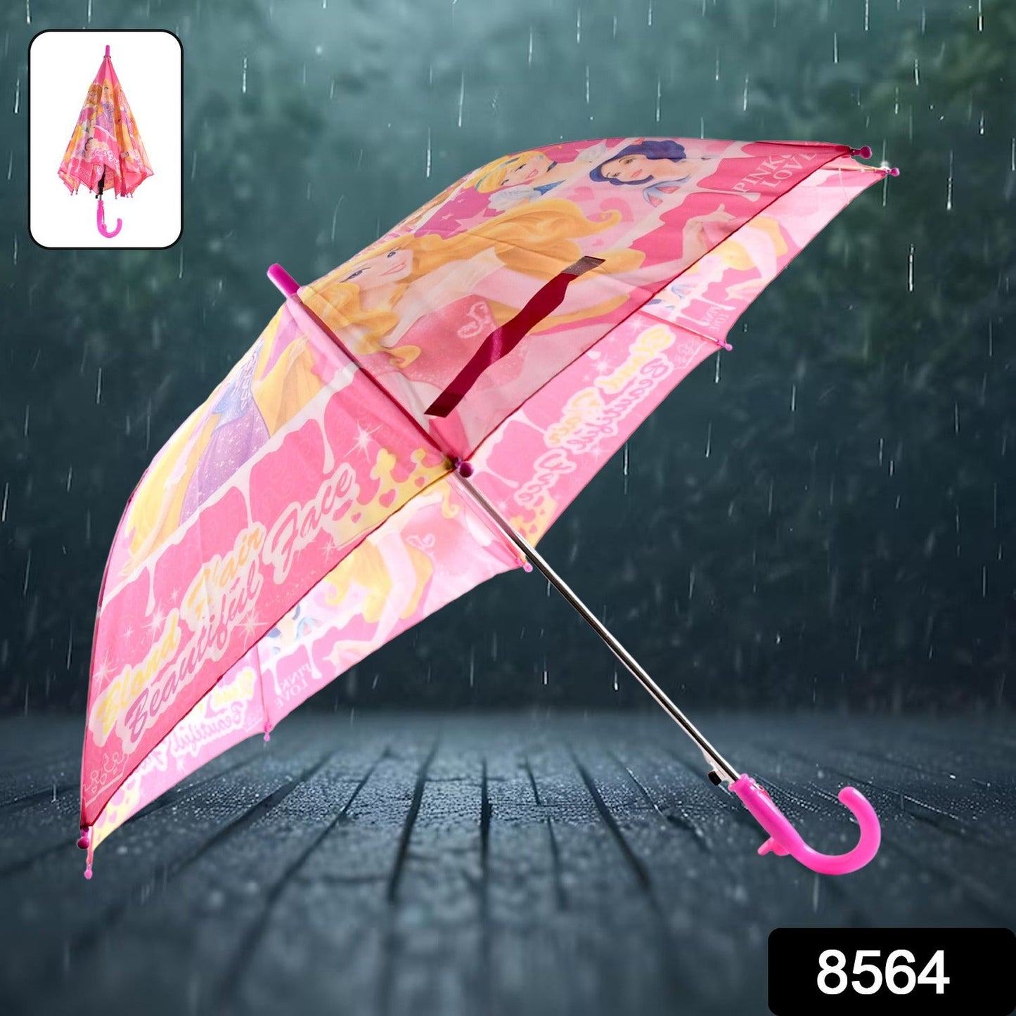 An open pink umbrella with princess designs stands on a wet surface under falling rain, with a small inset of a folded