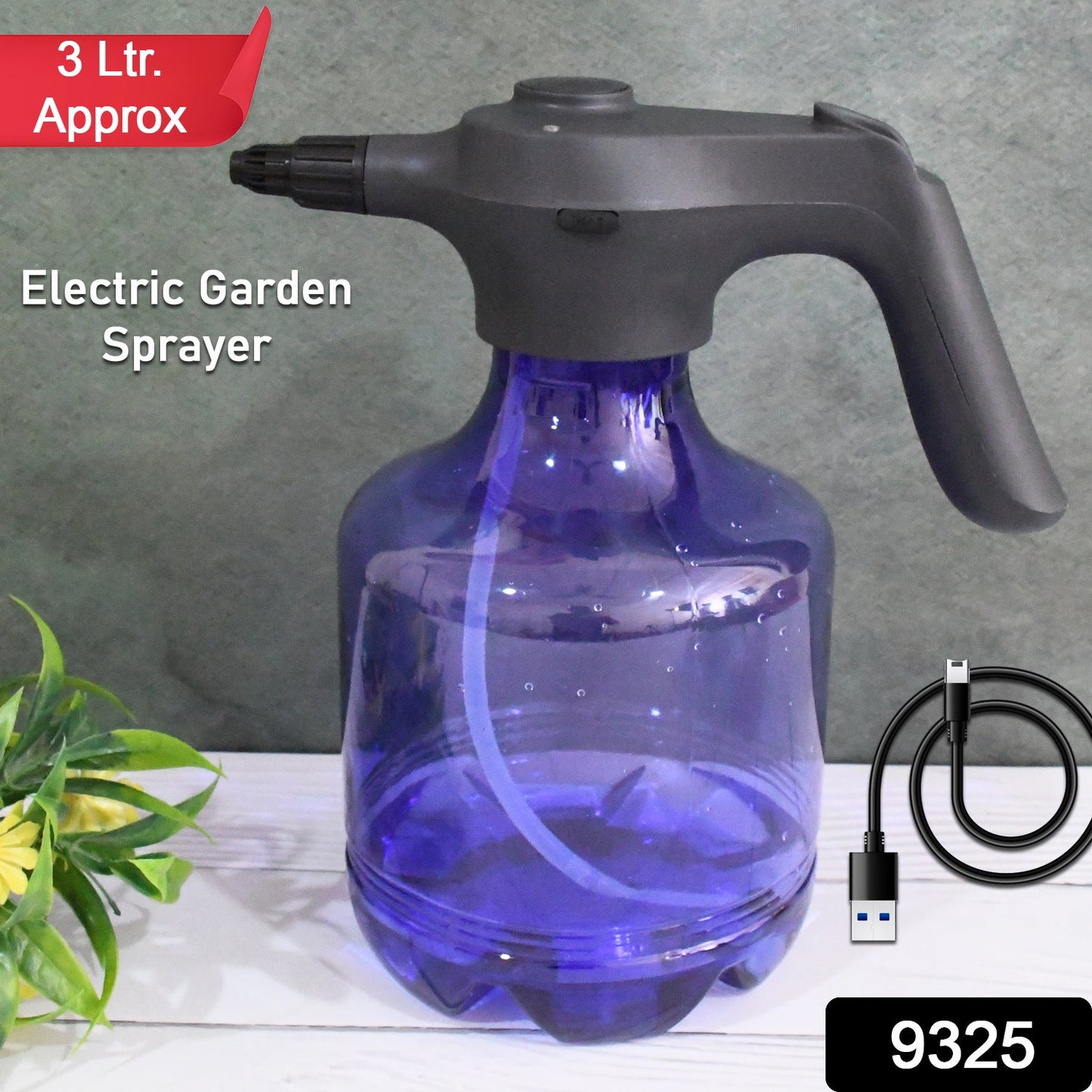 Close-up of the Electric Garden Sprayer showcasing its ergonomic handle and 3L capacity.