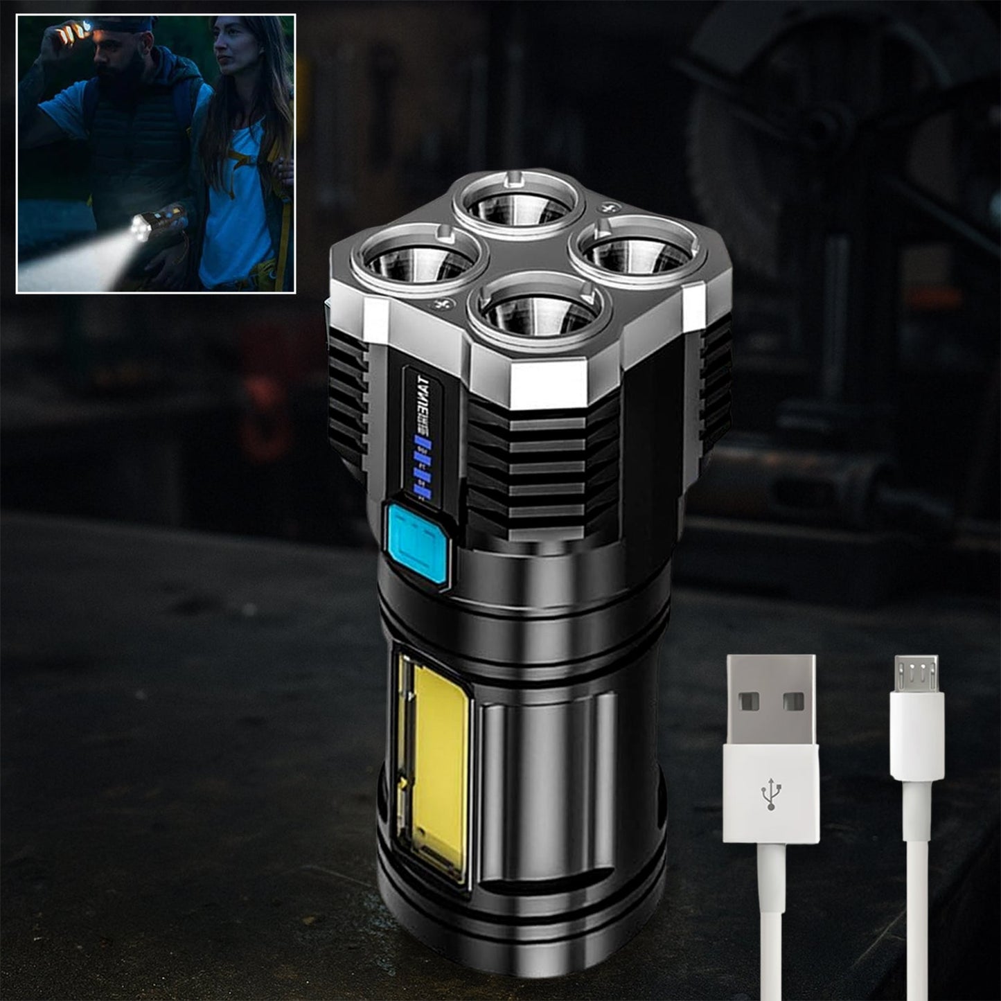 A black and silver flashlight with a yellow COB light and four main LEDs, with a man and woman using one in the inset.