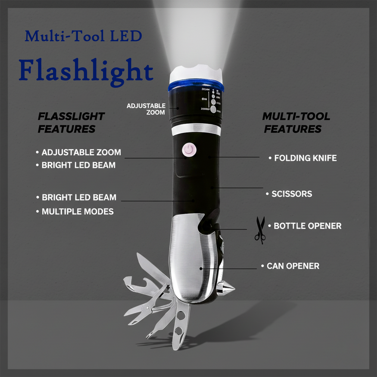 The multi-tool LED flashlight with a bright beam, surrounded by text describing its flashlight and multi-tool features on a