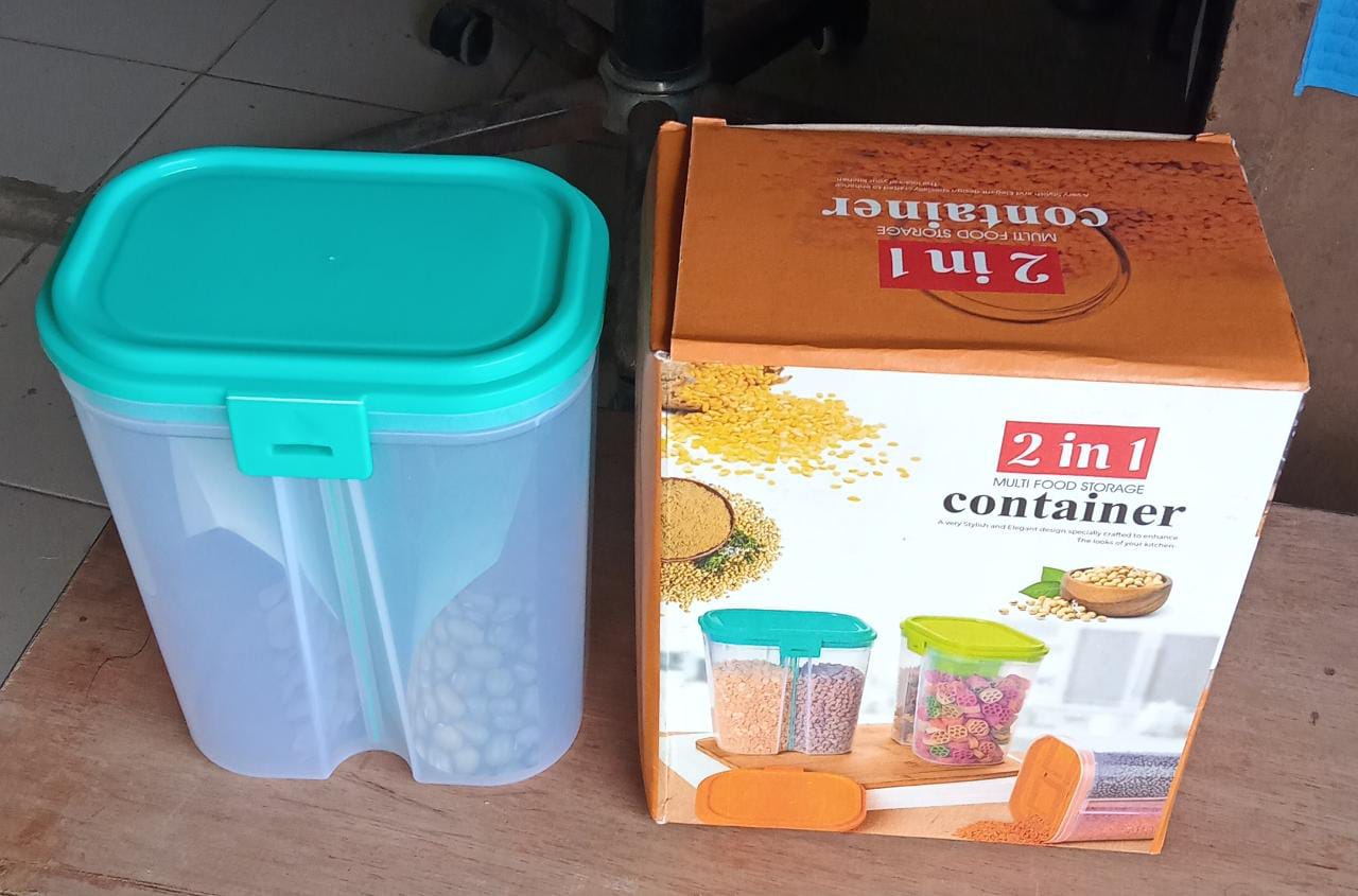 Boxed food grain container with two clear storage sections.