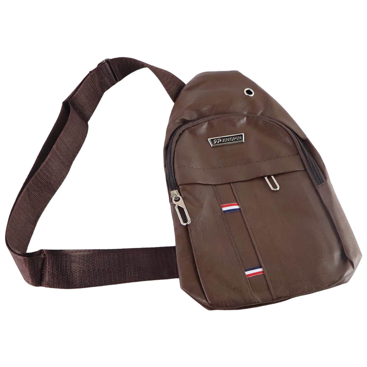 A brown leather sling bag with a silver zipper pull and a small metal ring near the top of the strap.
