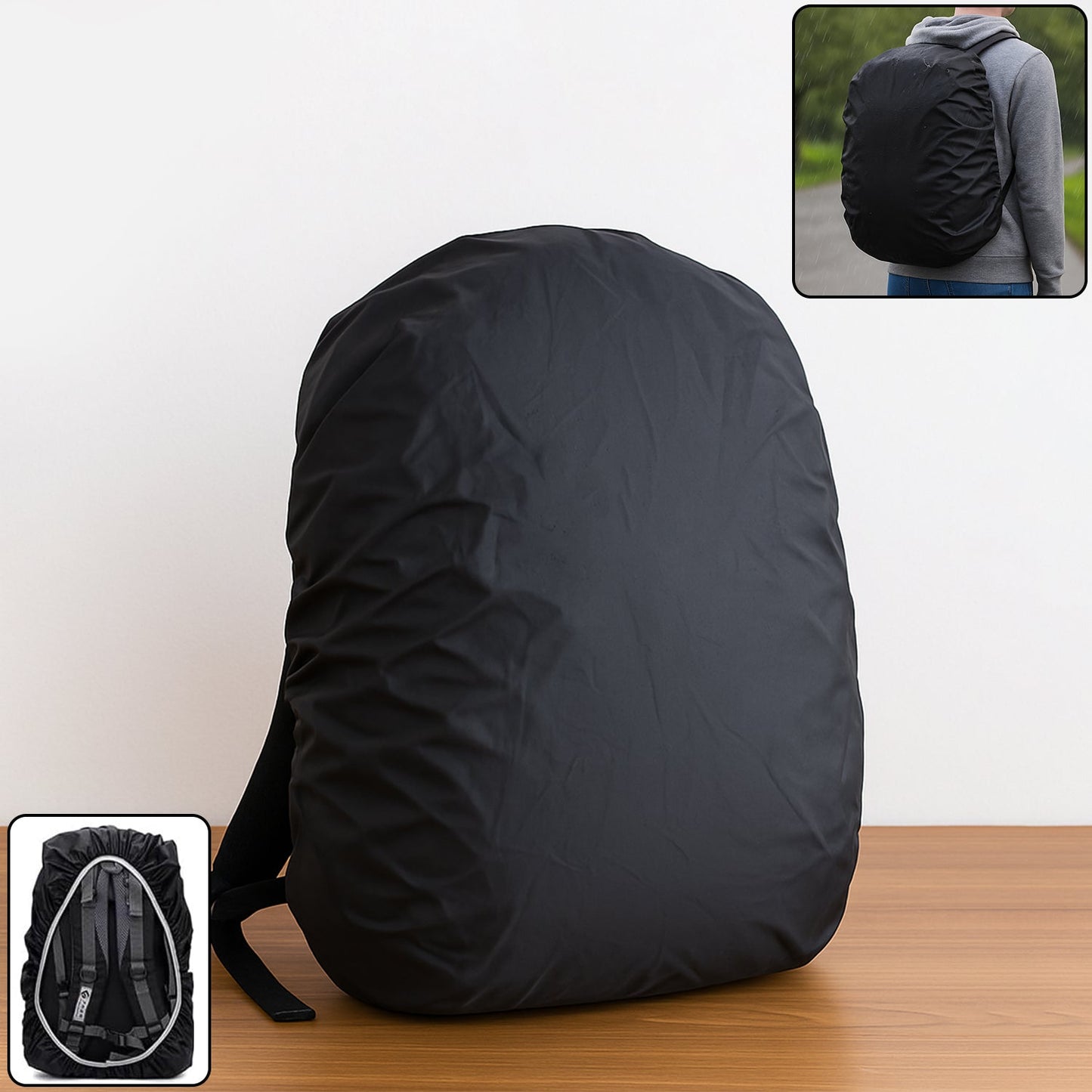 A black rain cover on a backpack, with an inset showing a person wearing it and another showing the cover's elastic edge.