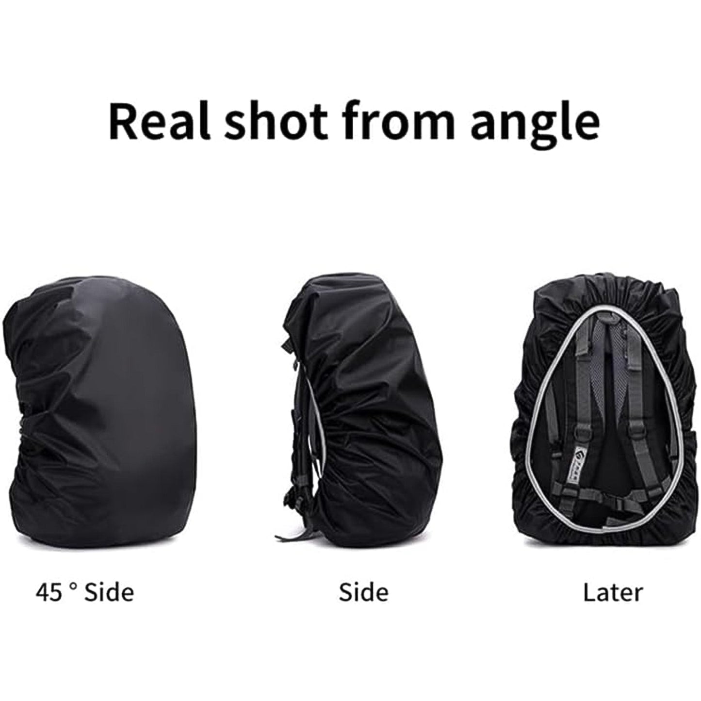 Three black rain covers on backpacks are shown from different angles: 45-degree side, side, and back with elastic edge