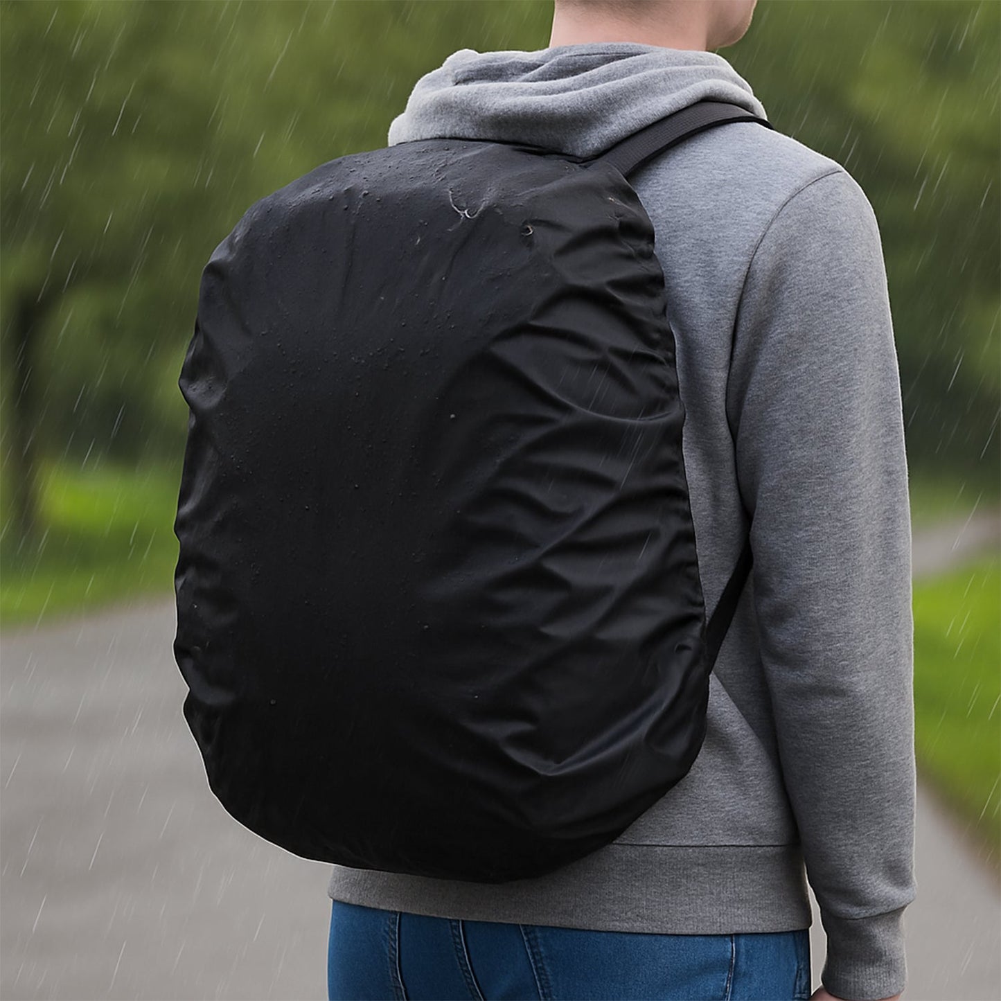 A person from behind wears a black rain cover on a backpack while walking in the rain on a paved path.