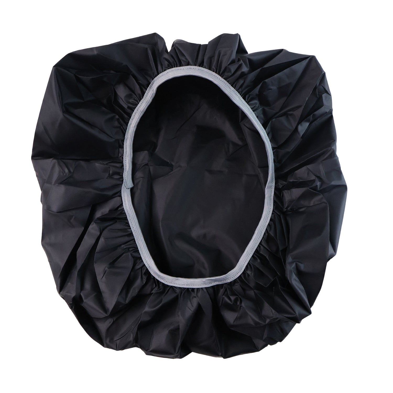 A black rain cover with a light gray elastic rim is spread open, showing its interior.