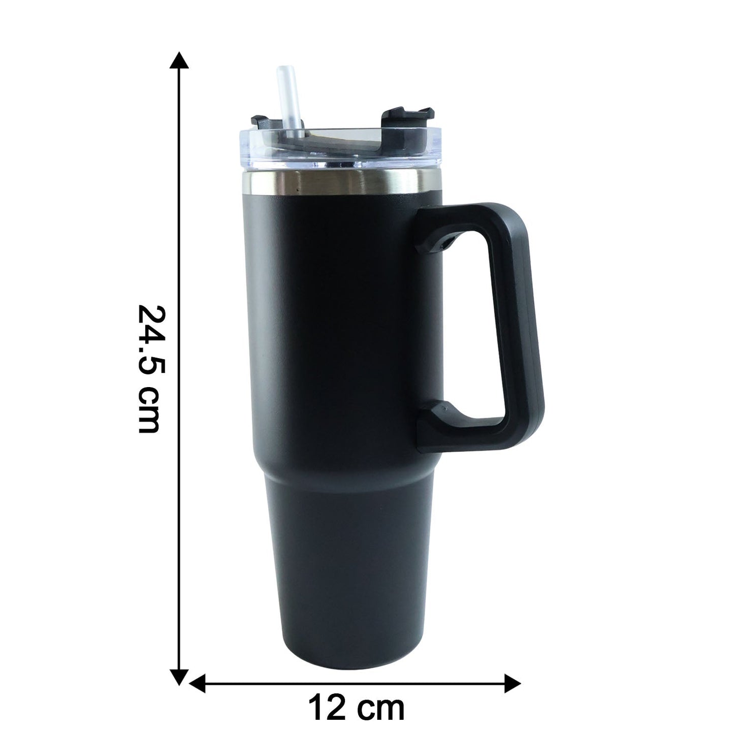 Size comparison image of large travel mug with 890 ML capacity