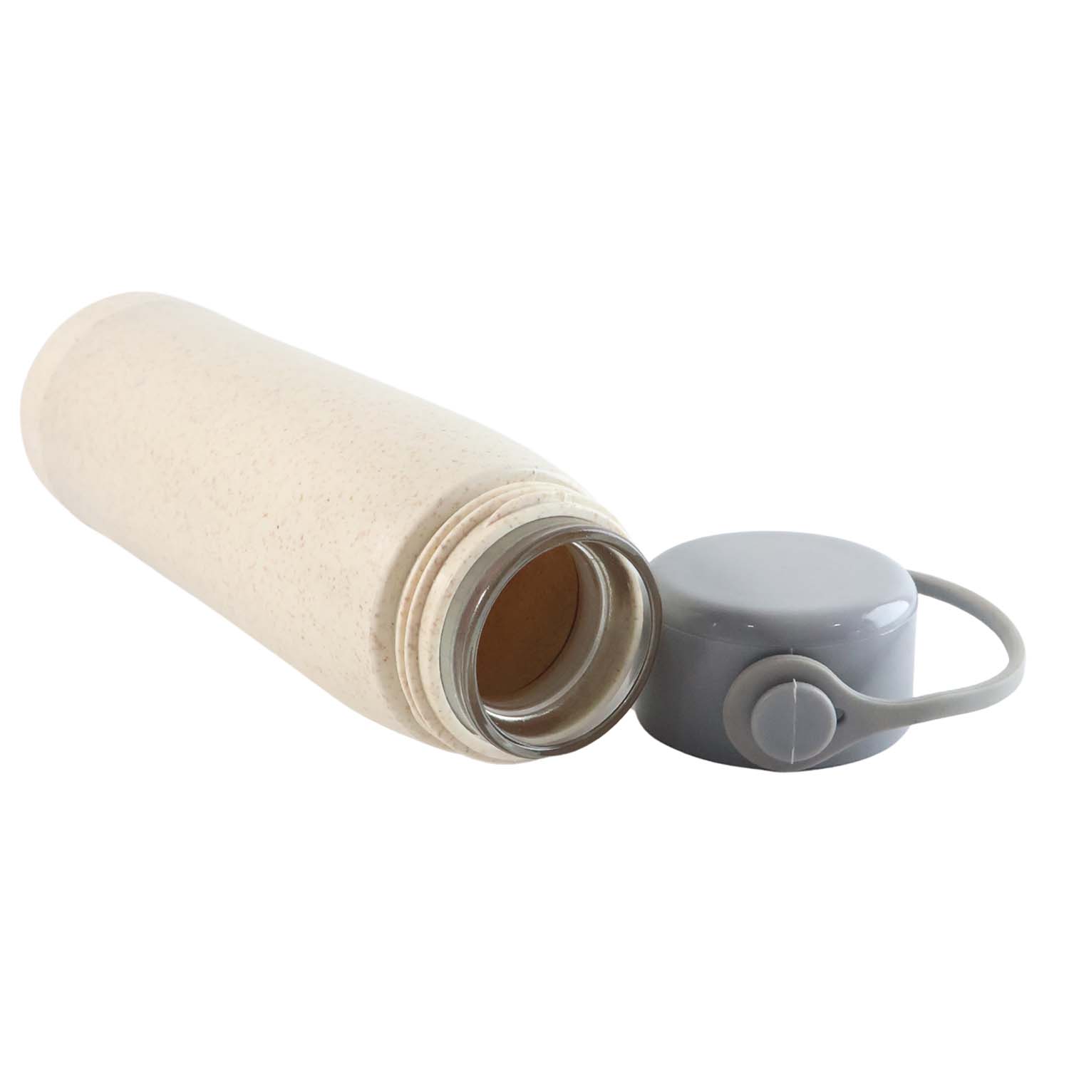 Stylish glass water bottle with subtle wheat-inspired design details and protective cap.