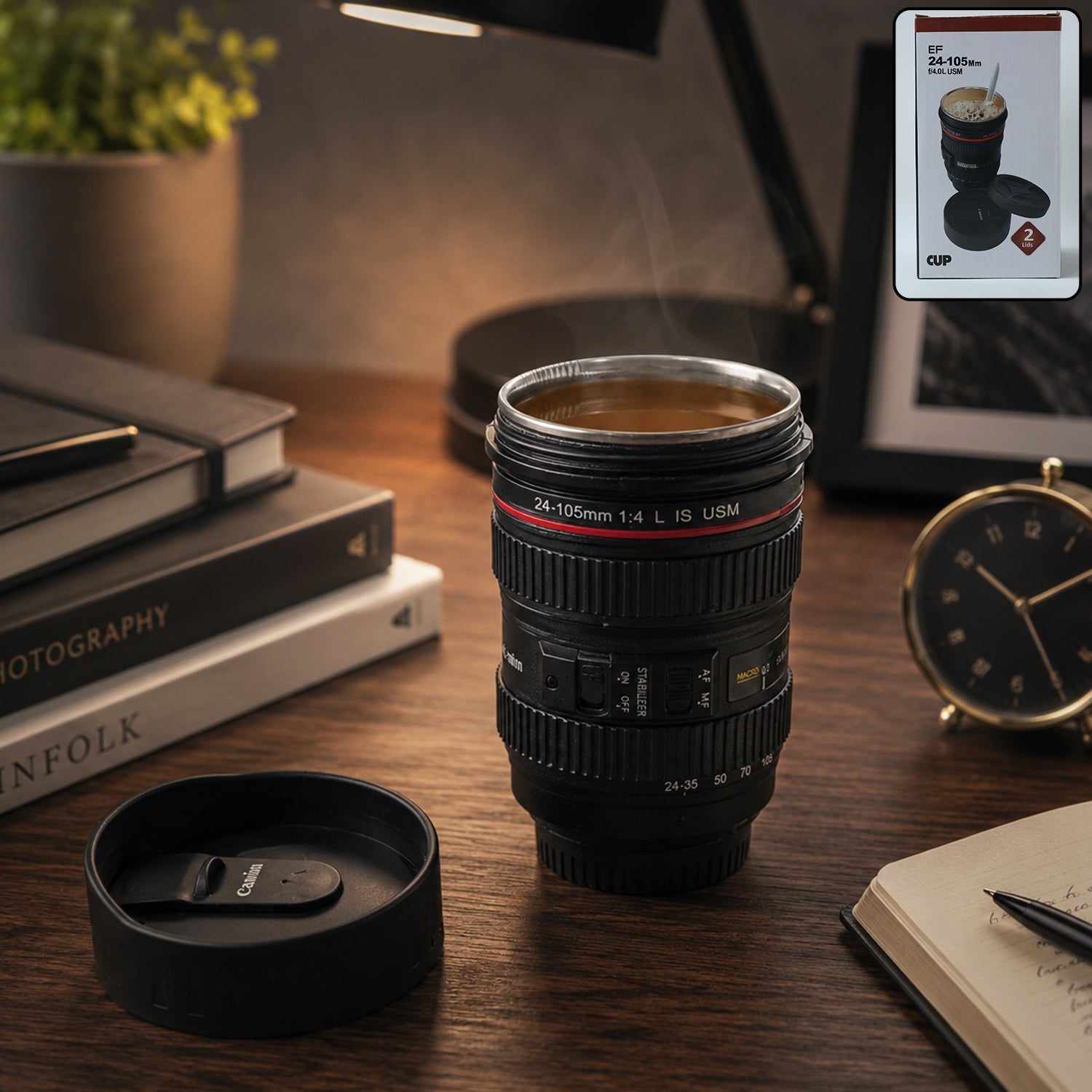 Front view of the camera lens coffee mug with its lid, showcasing realistic design.