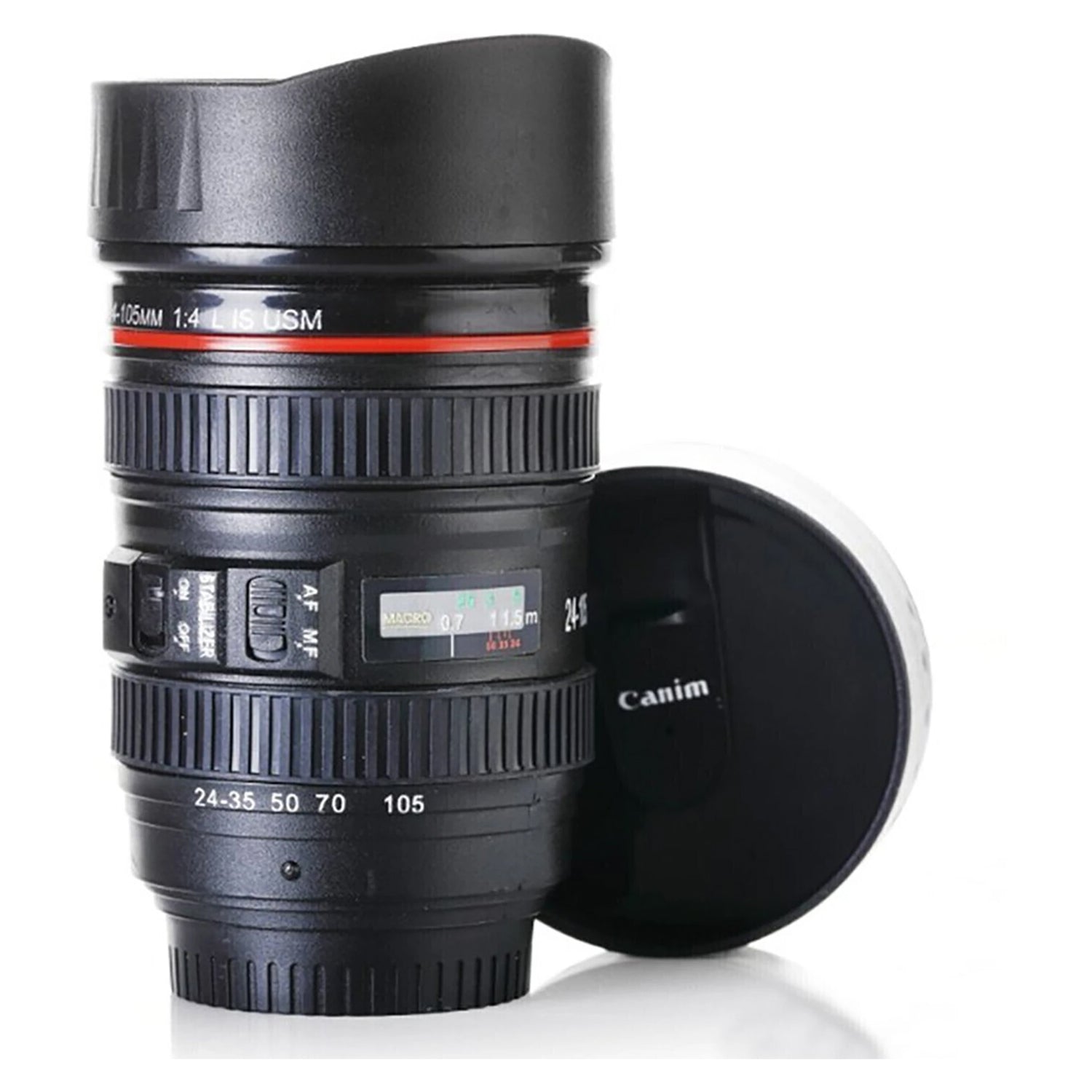 Side view of the camera lens coffee mug with its detailed exterior and secure lid.