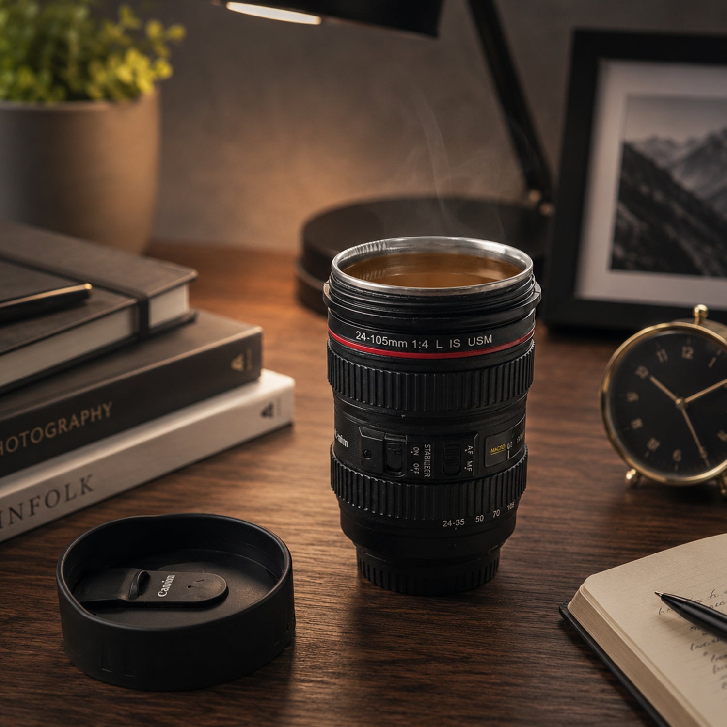 Camera lens coffee mug in use, held by a person enjoying a beverage.