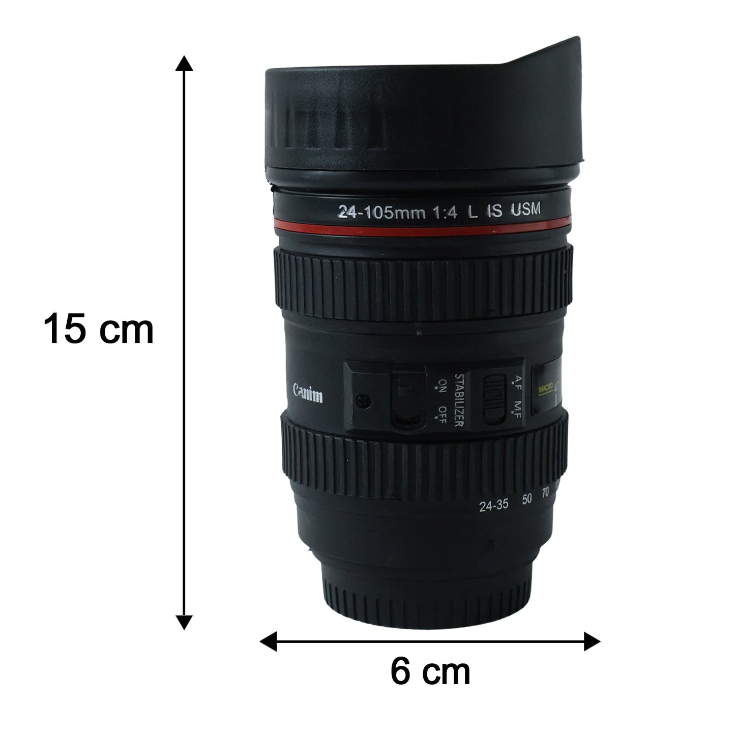 Camera lens coffee mug displayed next to a hand for size reference.