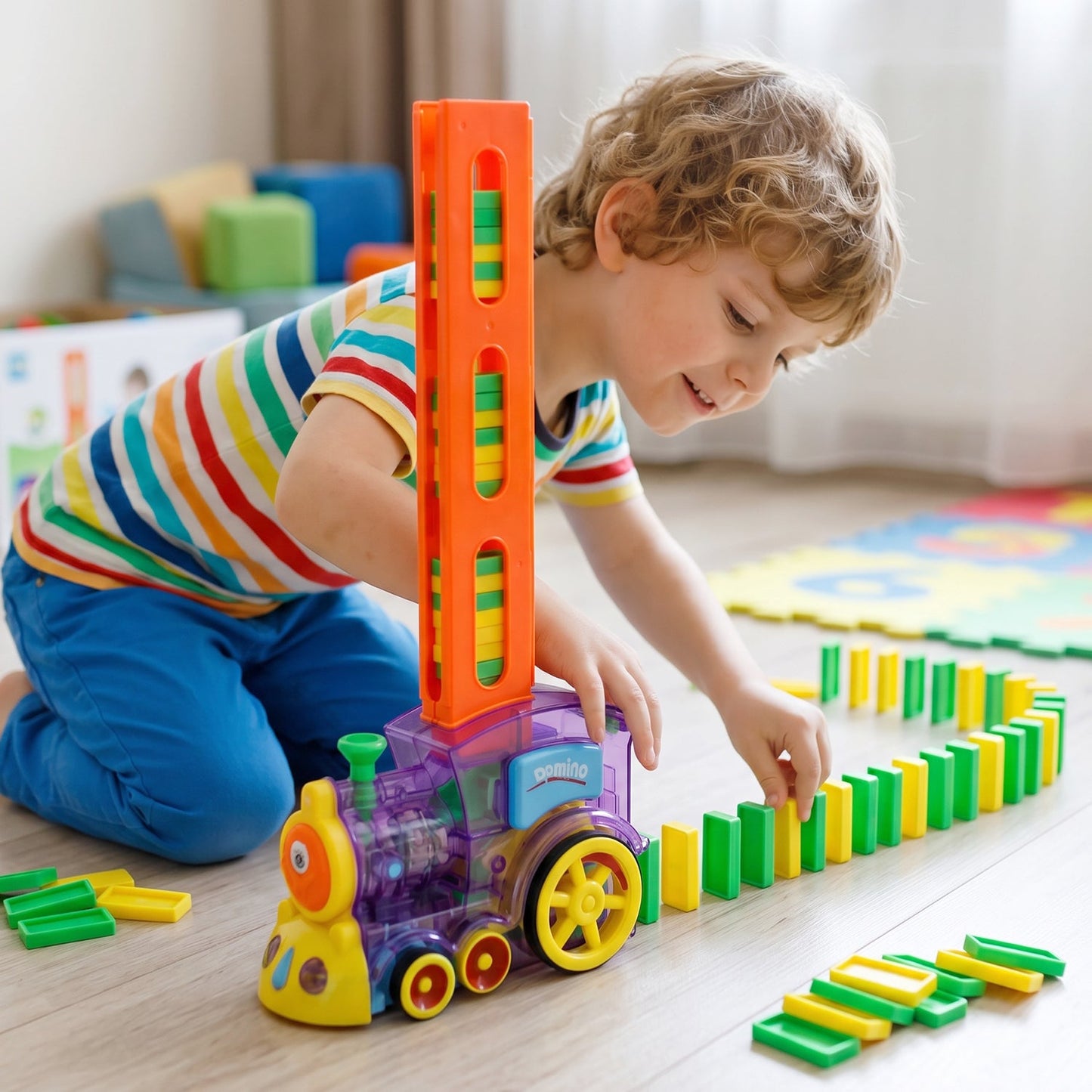 Automatic Domino Laying Train Engine Toy with Light and Music for Kids (1 Pc) view 7